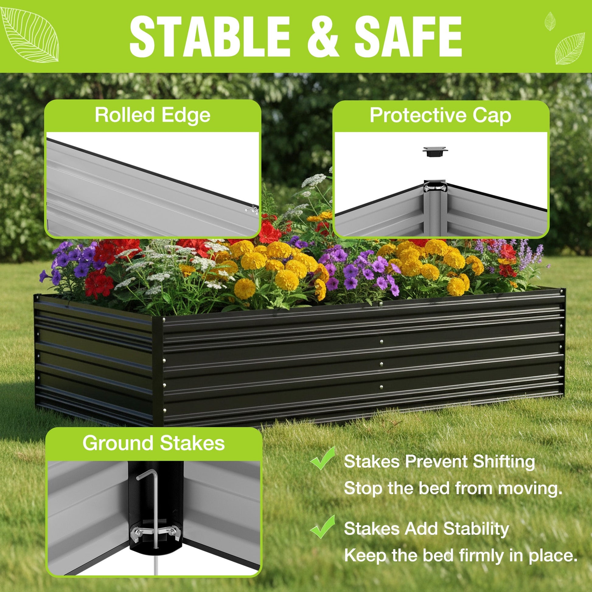 Black metal raised garden bed with rolled edges, protective caps and ground stakes