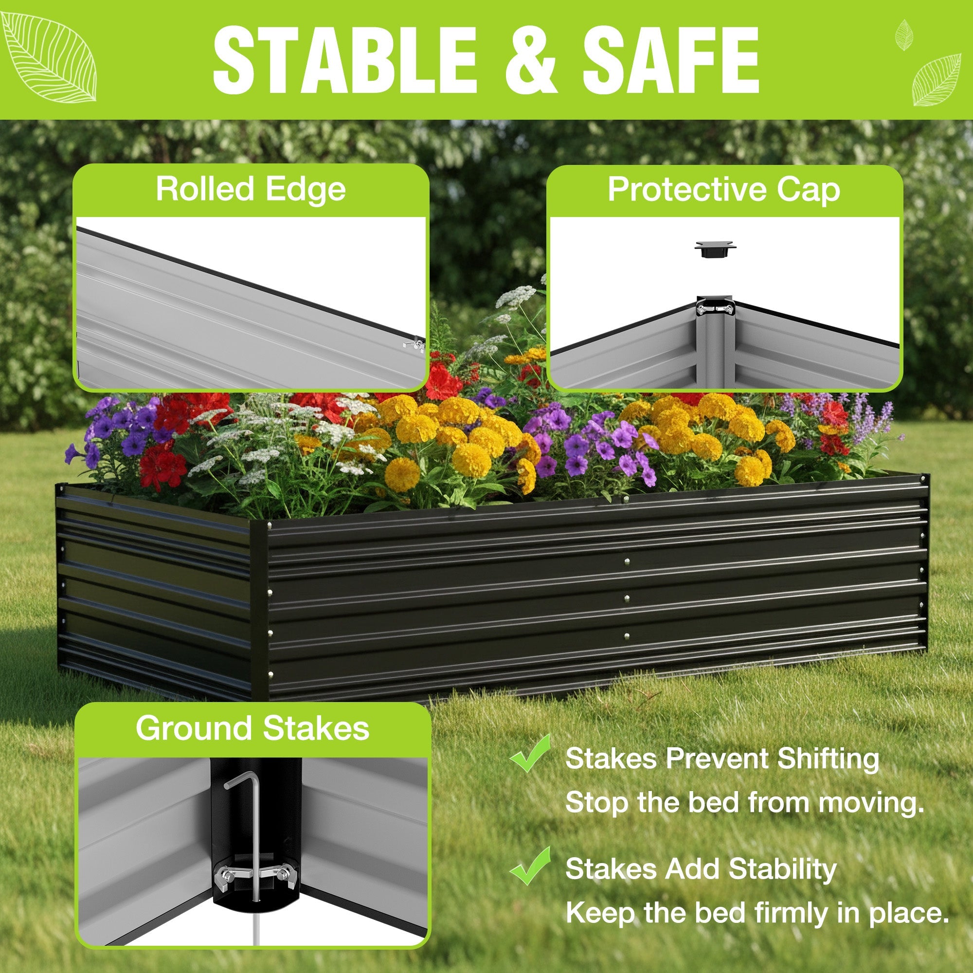 Black metal raised garden bed with rolled edges, protective caps and ground stakes
