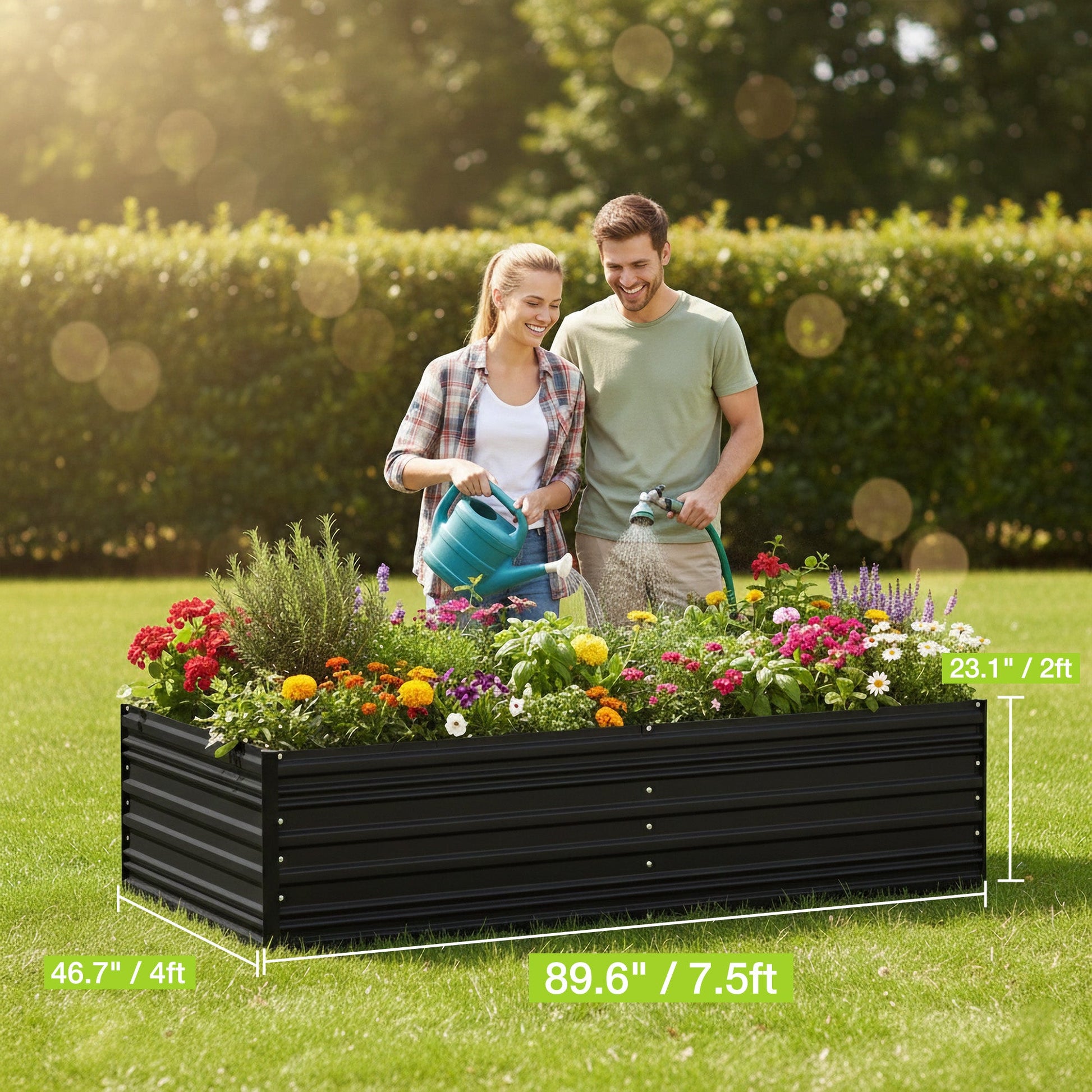Black outdoor metal raised garden bed with flowers, shown with height and length markers