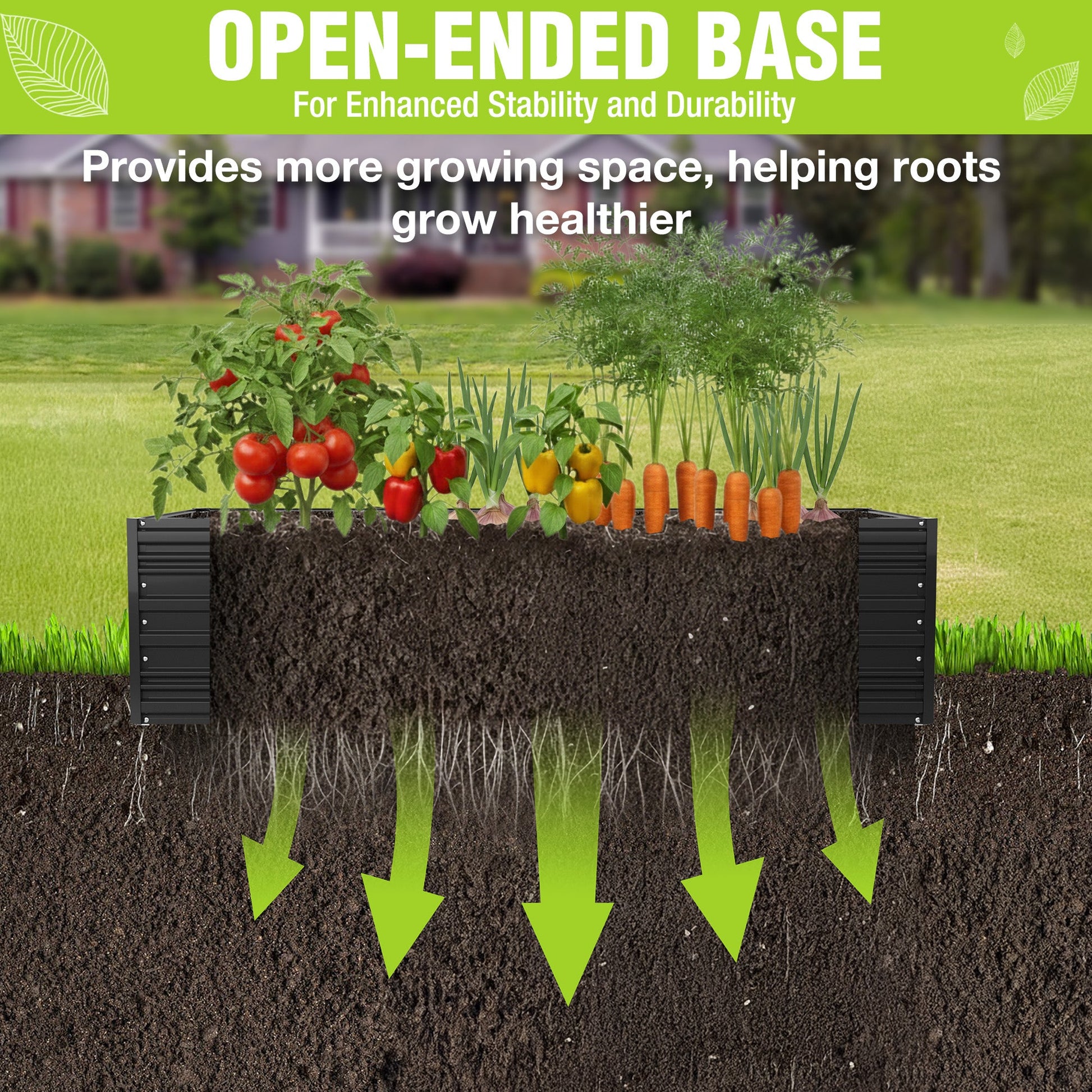 Black raised garden bed with open-ended base concept for root growth in soil