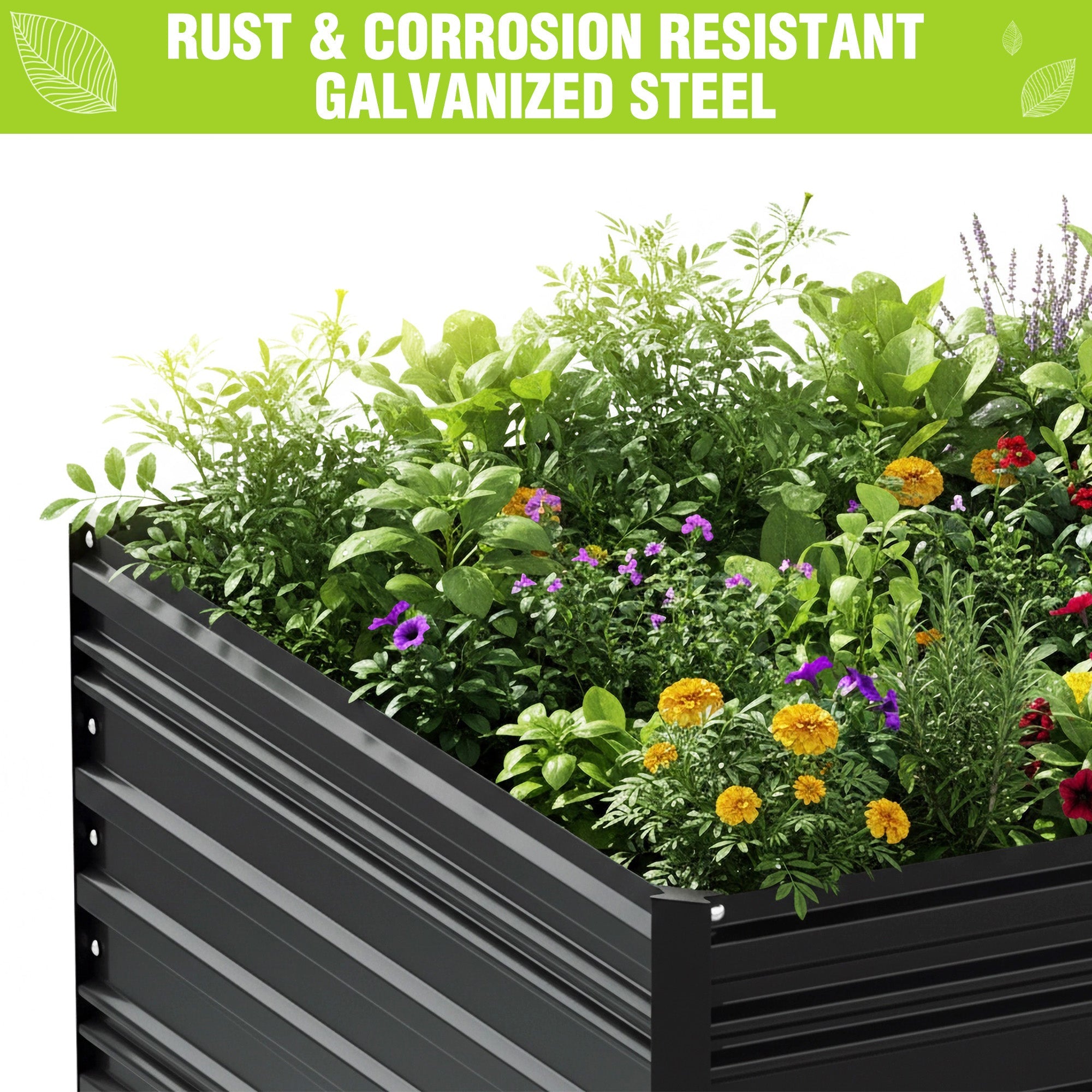 Black metal raised garden bed planter with lush flowers and green foliage inside
