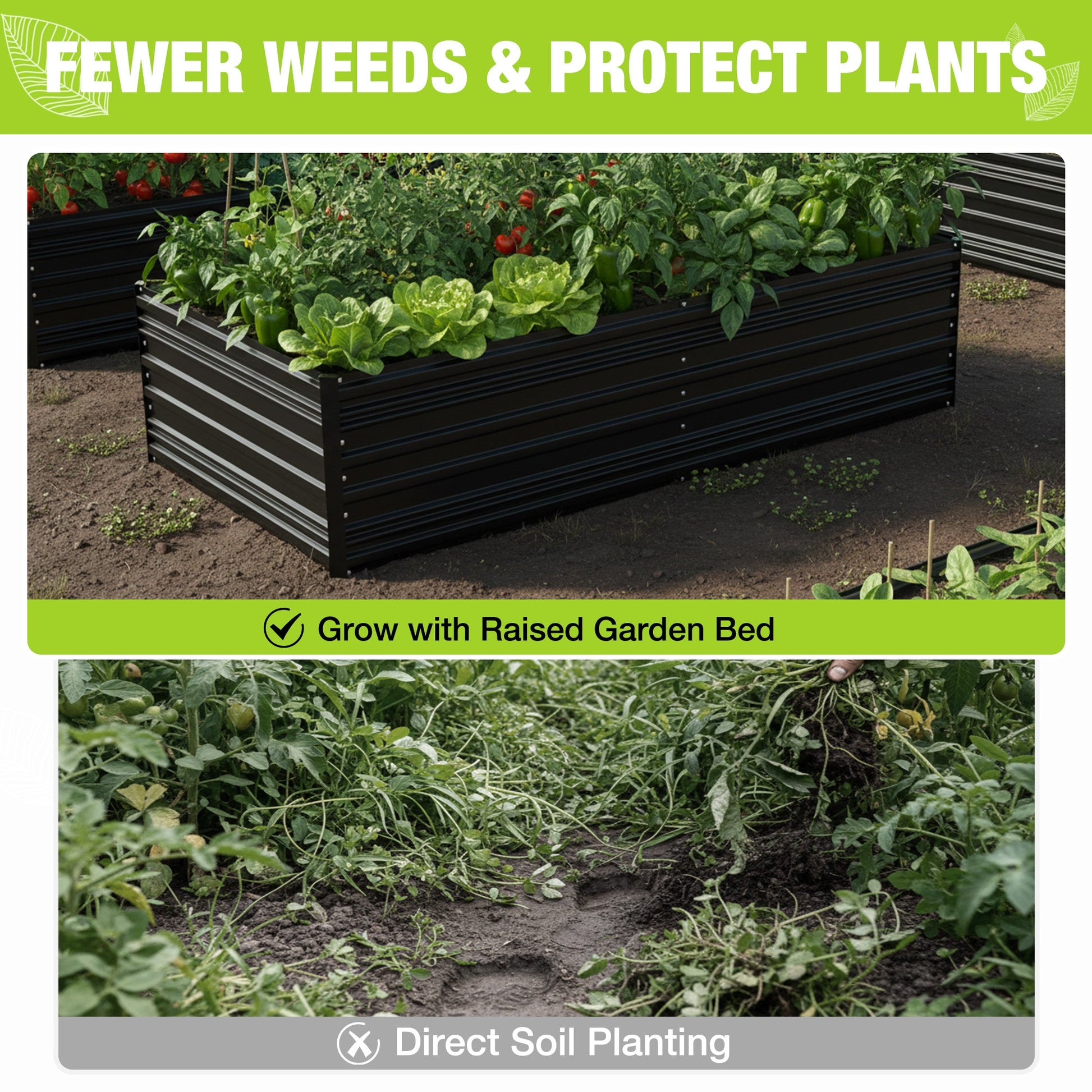 Black metal raised garden bed with leafy greens and soil inside a low rectangular frame