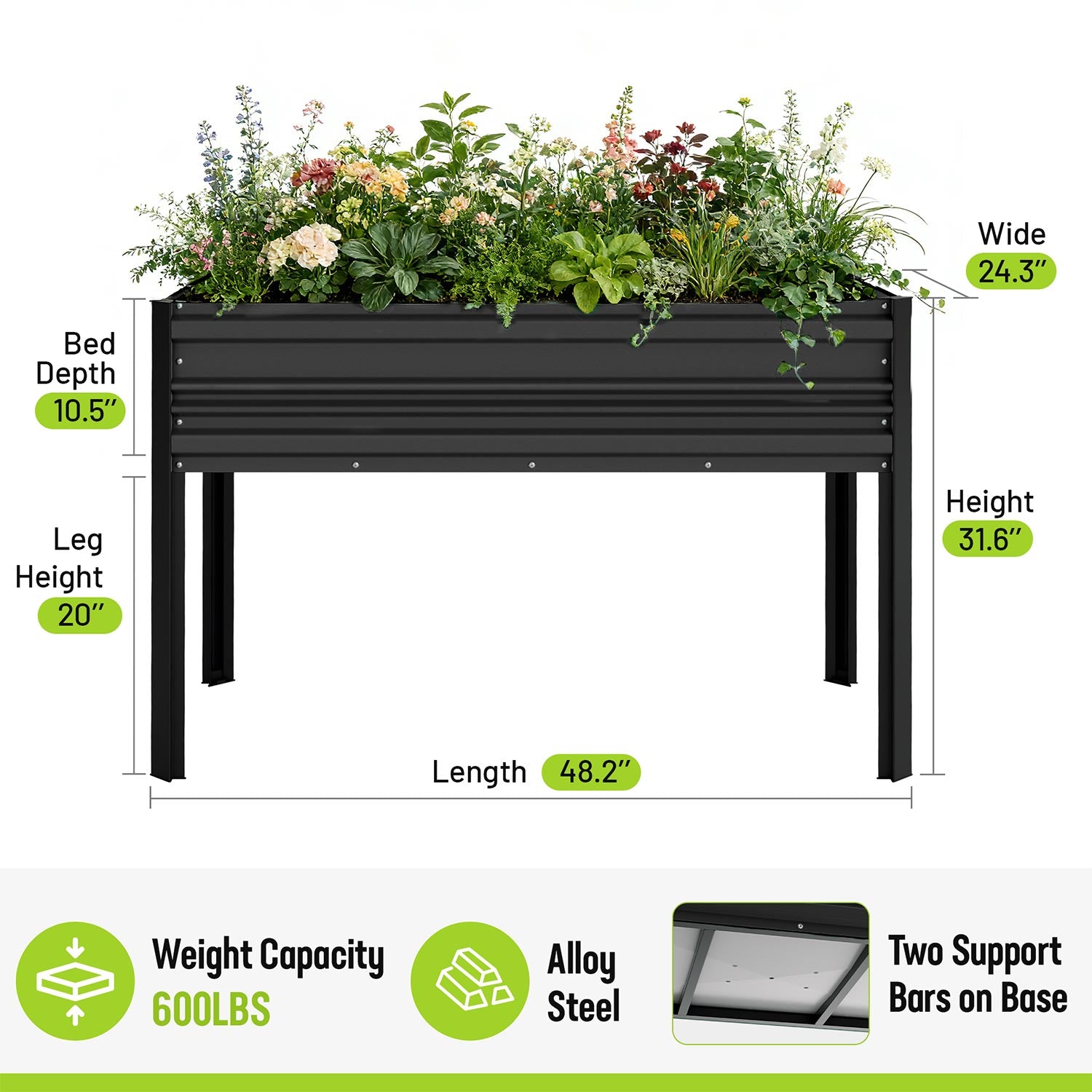 Black raised garden bed with four legs, wide planter box for vegetables, flowers, herbs.