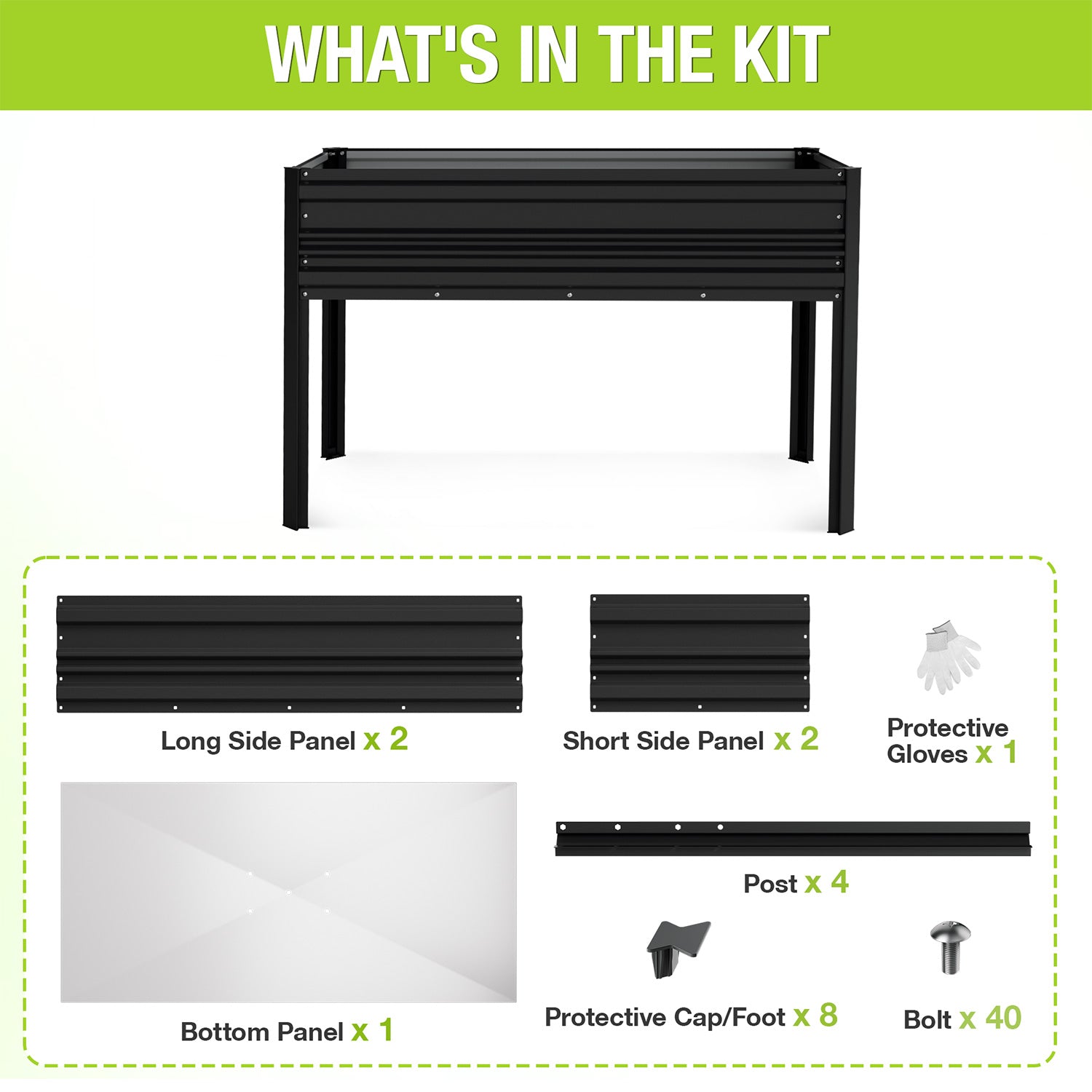 Black raised garden bed kit with legs, side panels, post parts, protective caps, bolts.