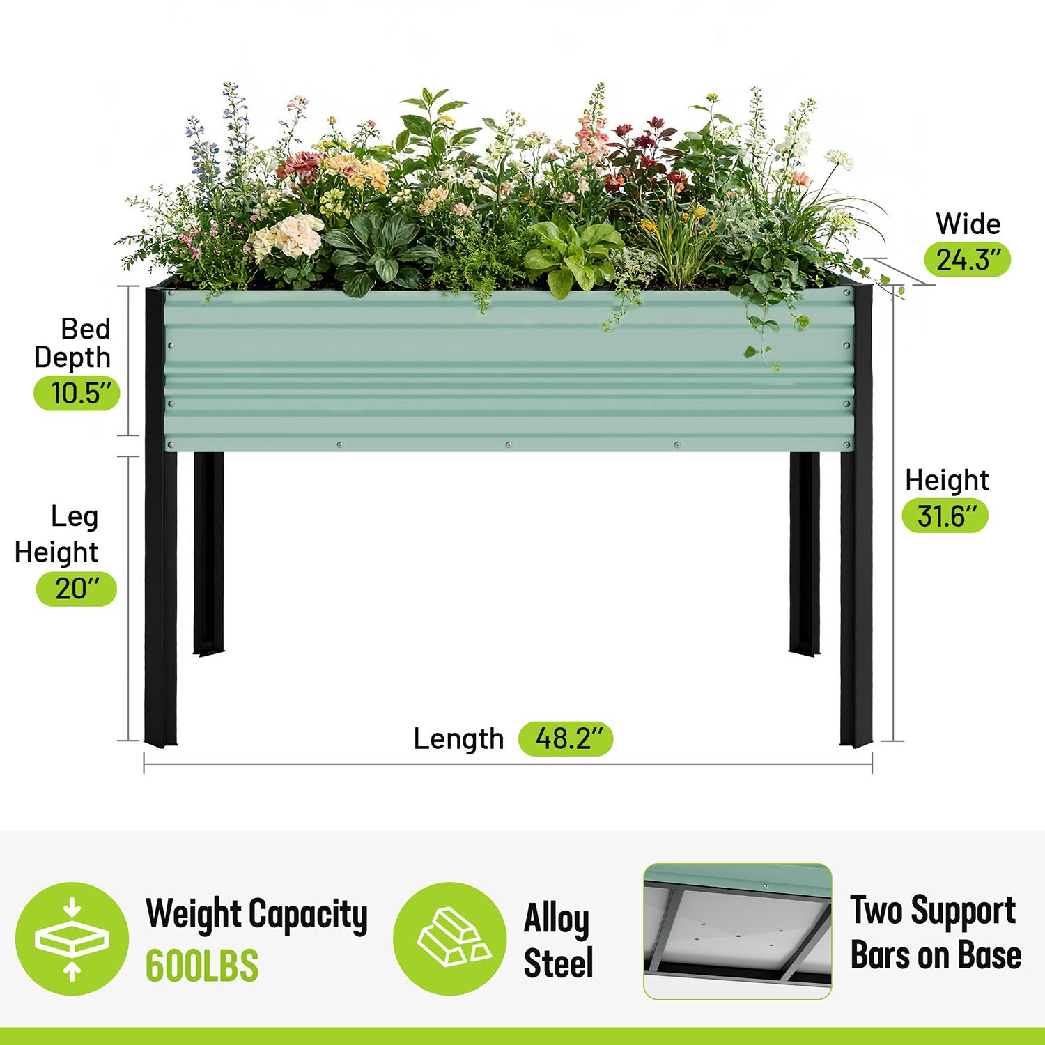 Mint-green raised garden bed with black legs holding plants, with size indicators