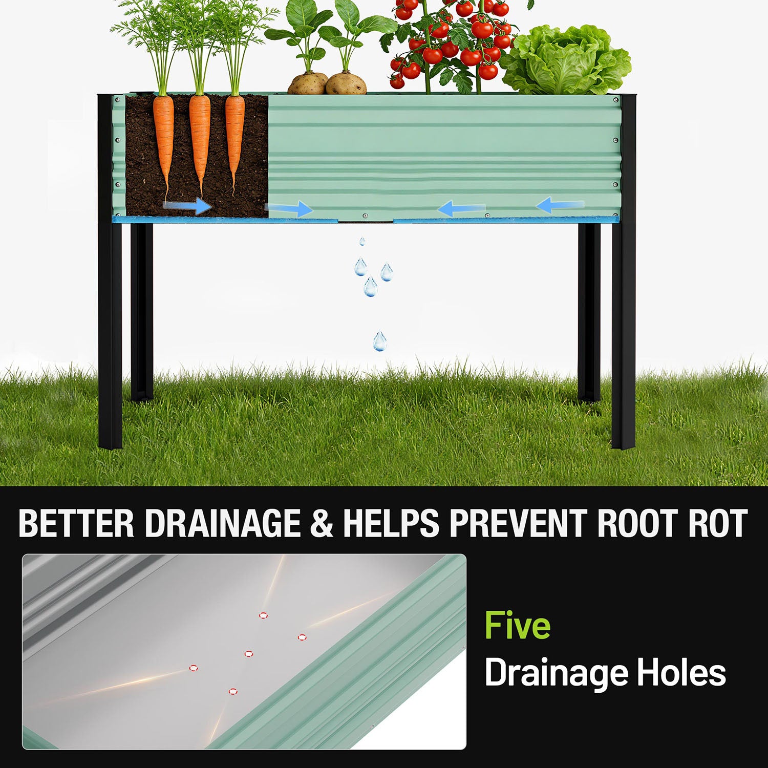 Mint-green raised garden planter box with black legs, showing soil and drainage feature