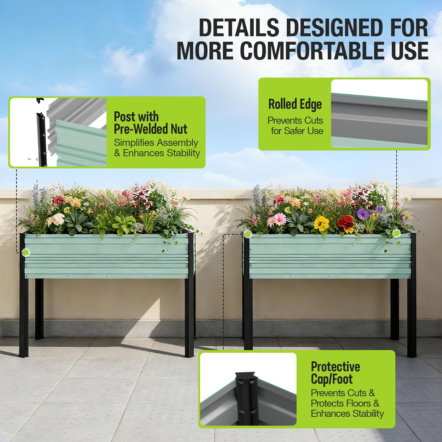 Mint-green raised garden bed with black legs, featuring protective design details