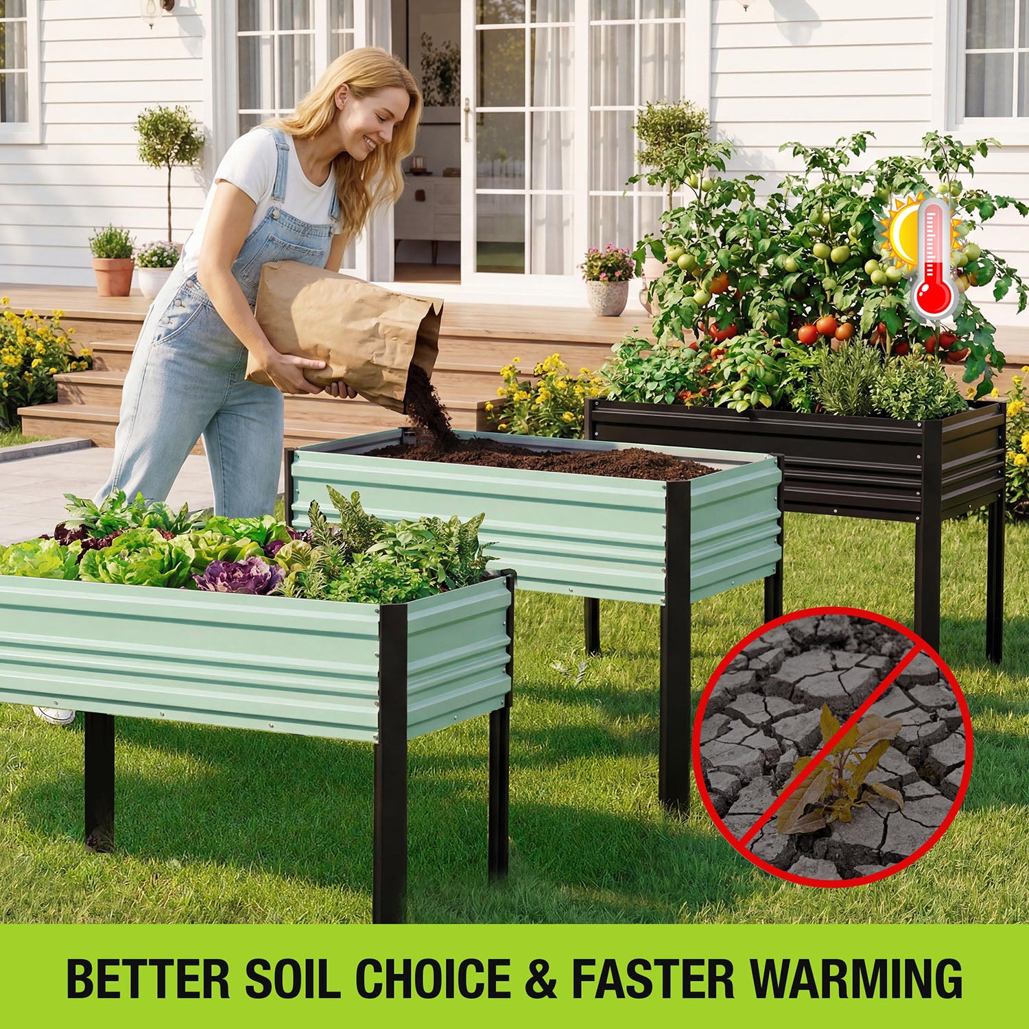 Mint-green raised garden bed with black legs in yard, filled with vegetables