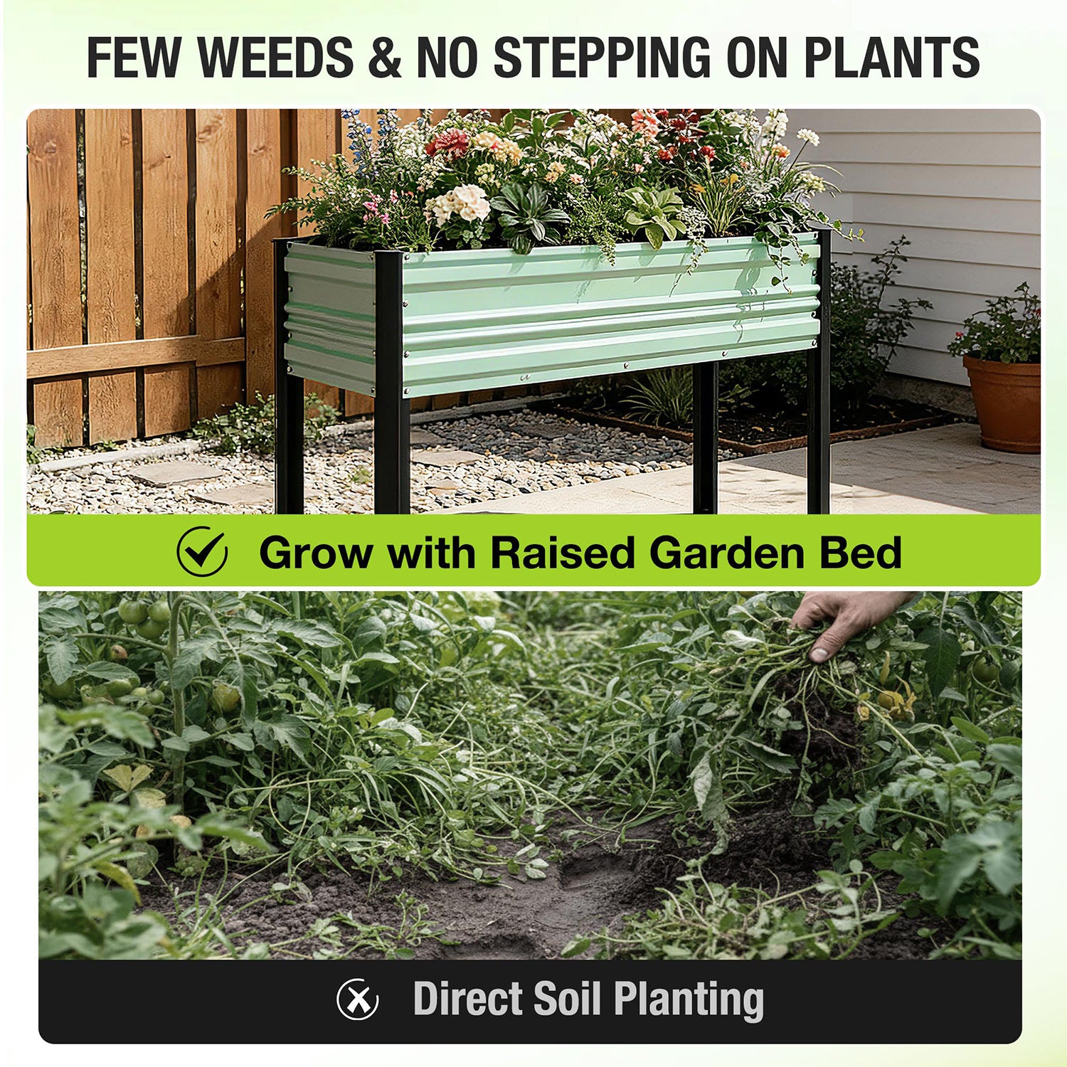 Mint-green raised garden bed with black legs near outdoor wall and plants