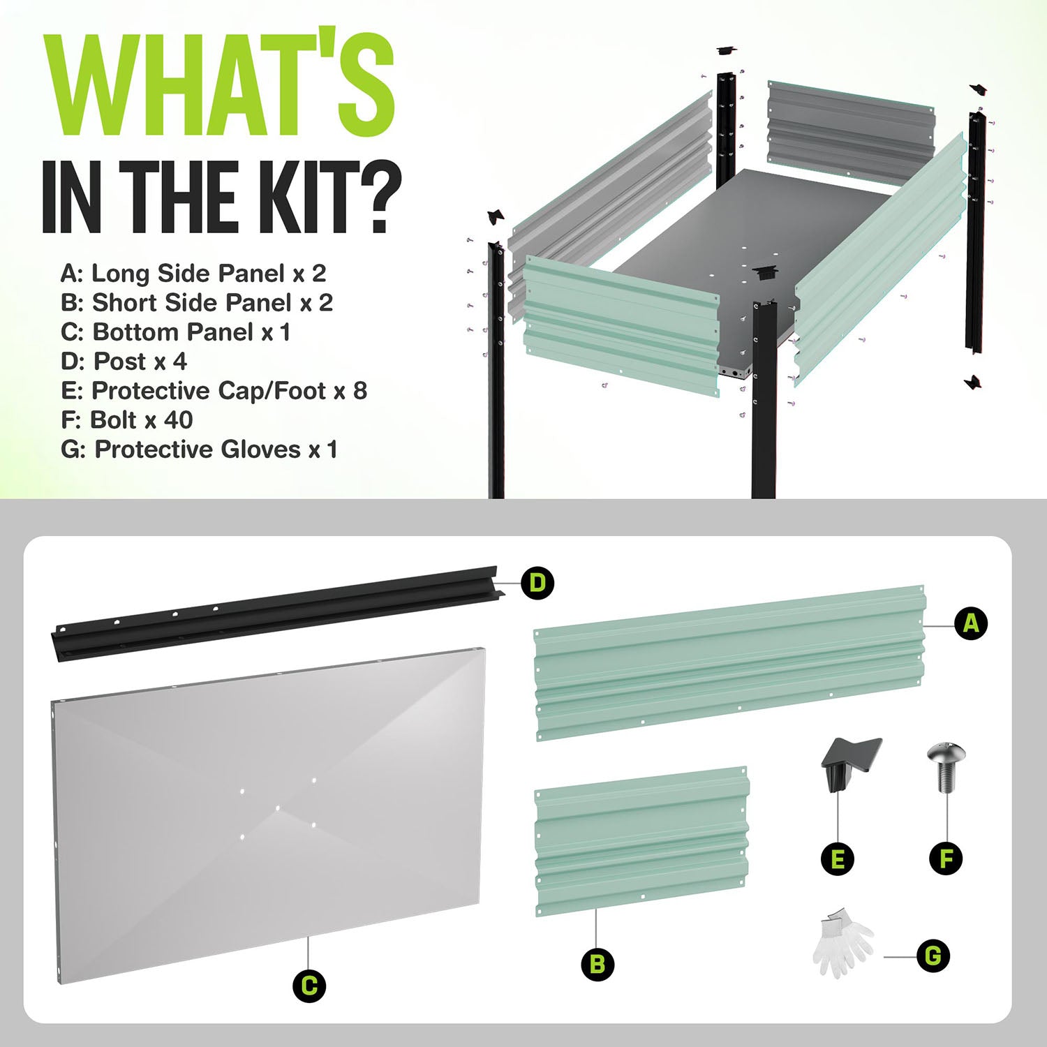 Raised garden bed frame with mint-green side panels and black legs, shown with parts