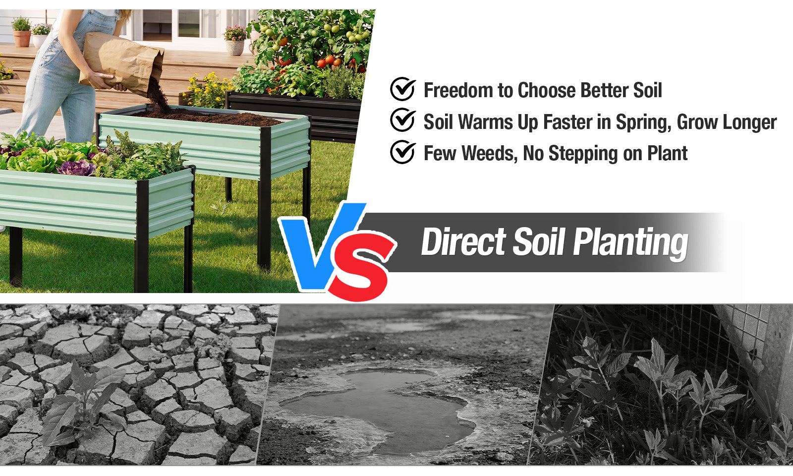 Garden beds with soil being filled, with text Direct Soil Planting and checkmarks on screen