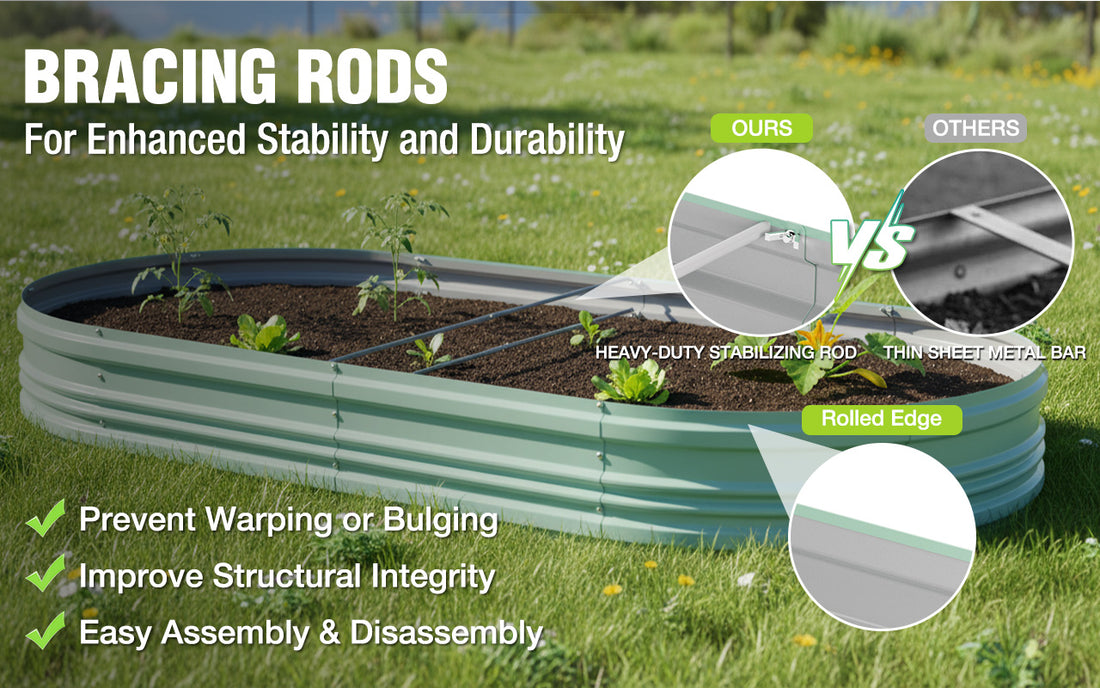 Raised garden bed with bracing rods in a grassy yard, showing heavy-duty stabilizing rod and durable bar