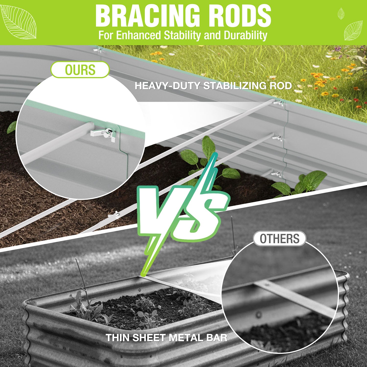 Mint green raised galvanized garden bed with heavy-duty stabilizing rods and cross bracing.