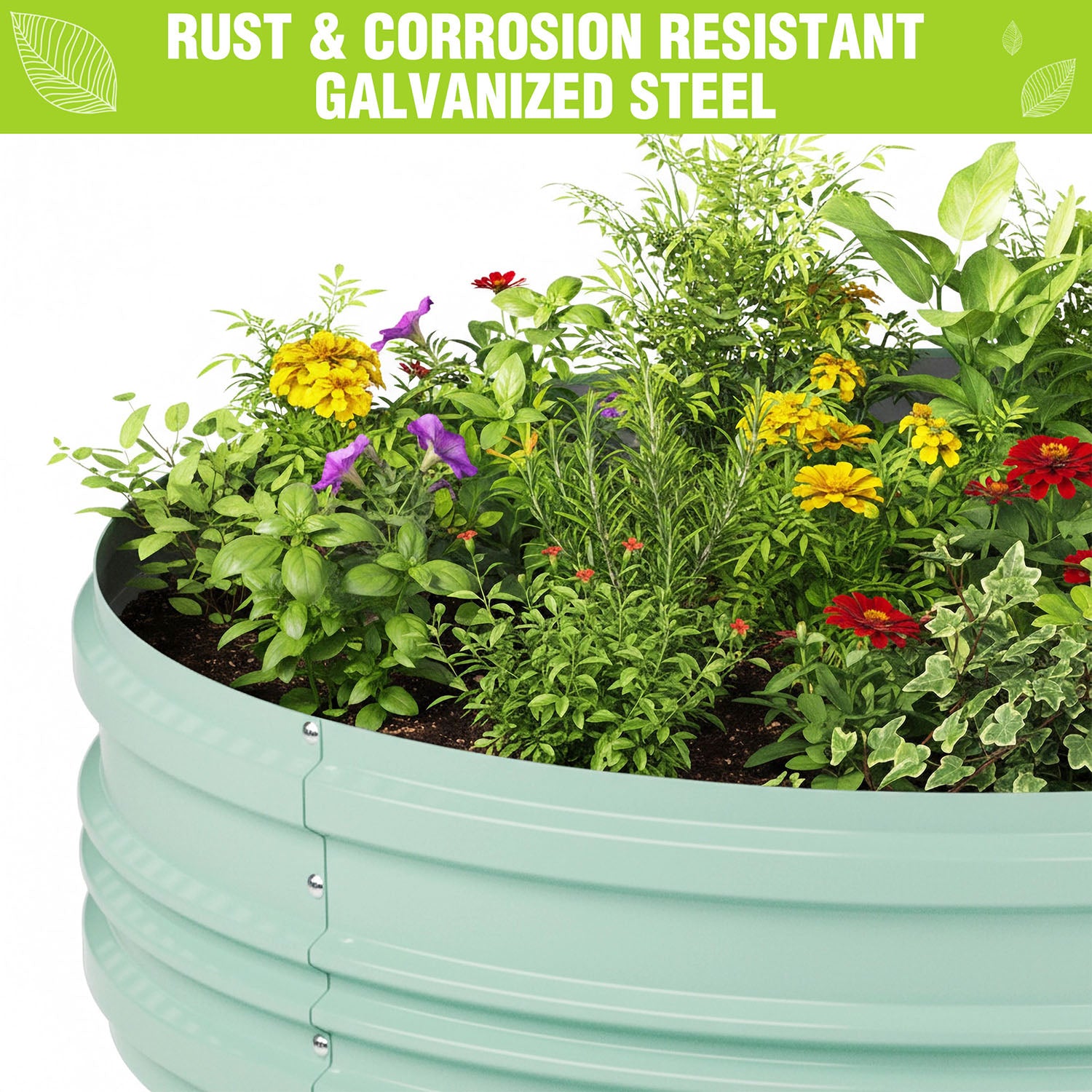 Mint green raised galvanized steel garden bed filled with colorful flowers and leafy plants.