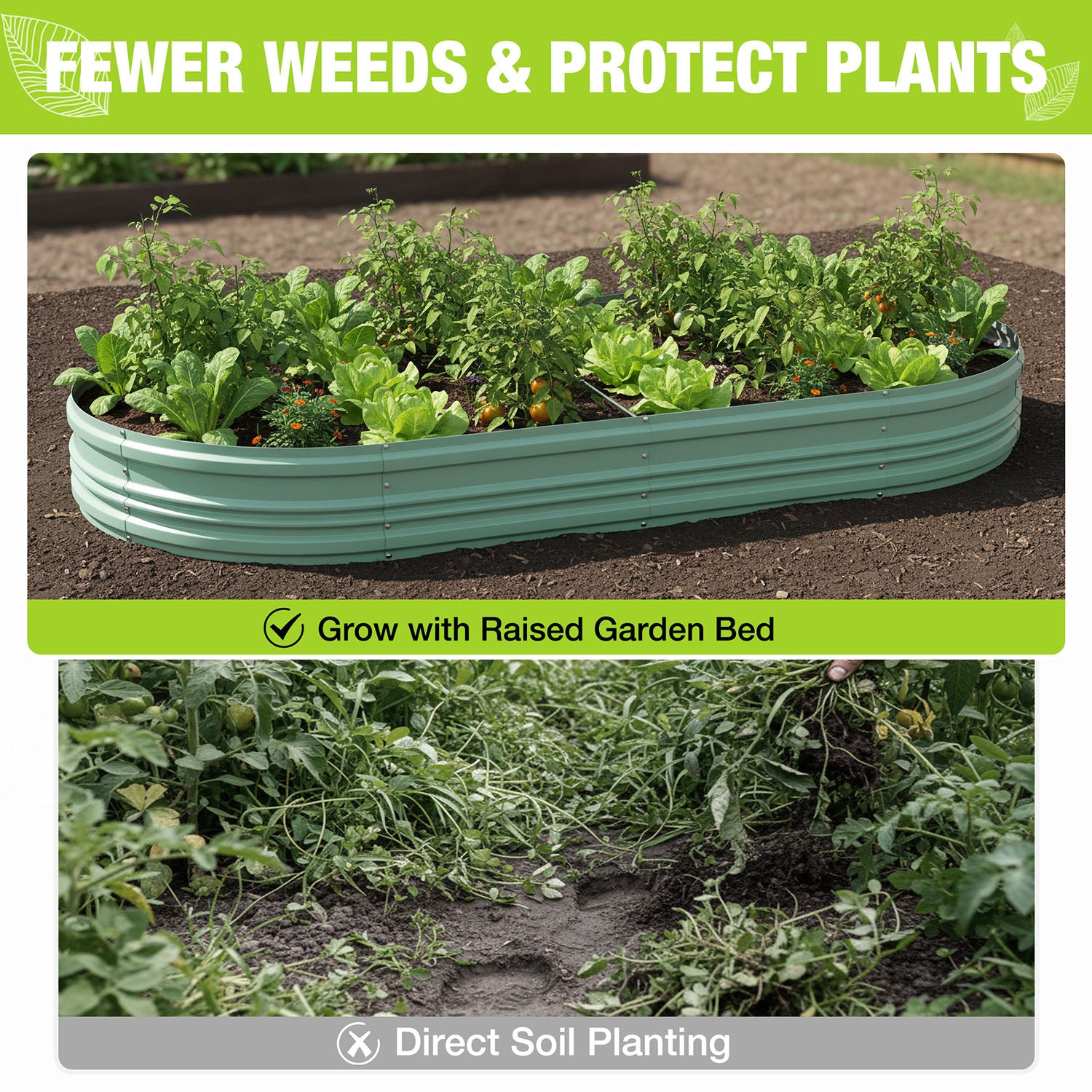 Mint green raised garden bed planter packed with mixed greens and herbs for planting.