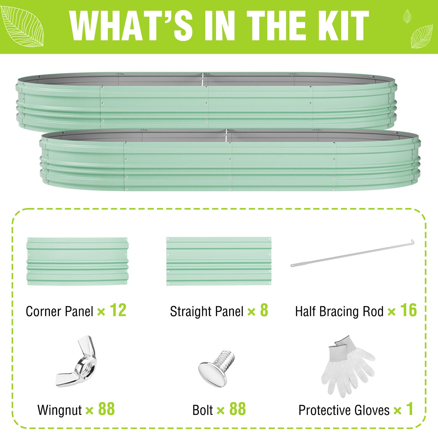 Mint green raised garden bed kit parts: panels, half bracing rods, wingnuts, bolts, gloves.