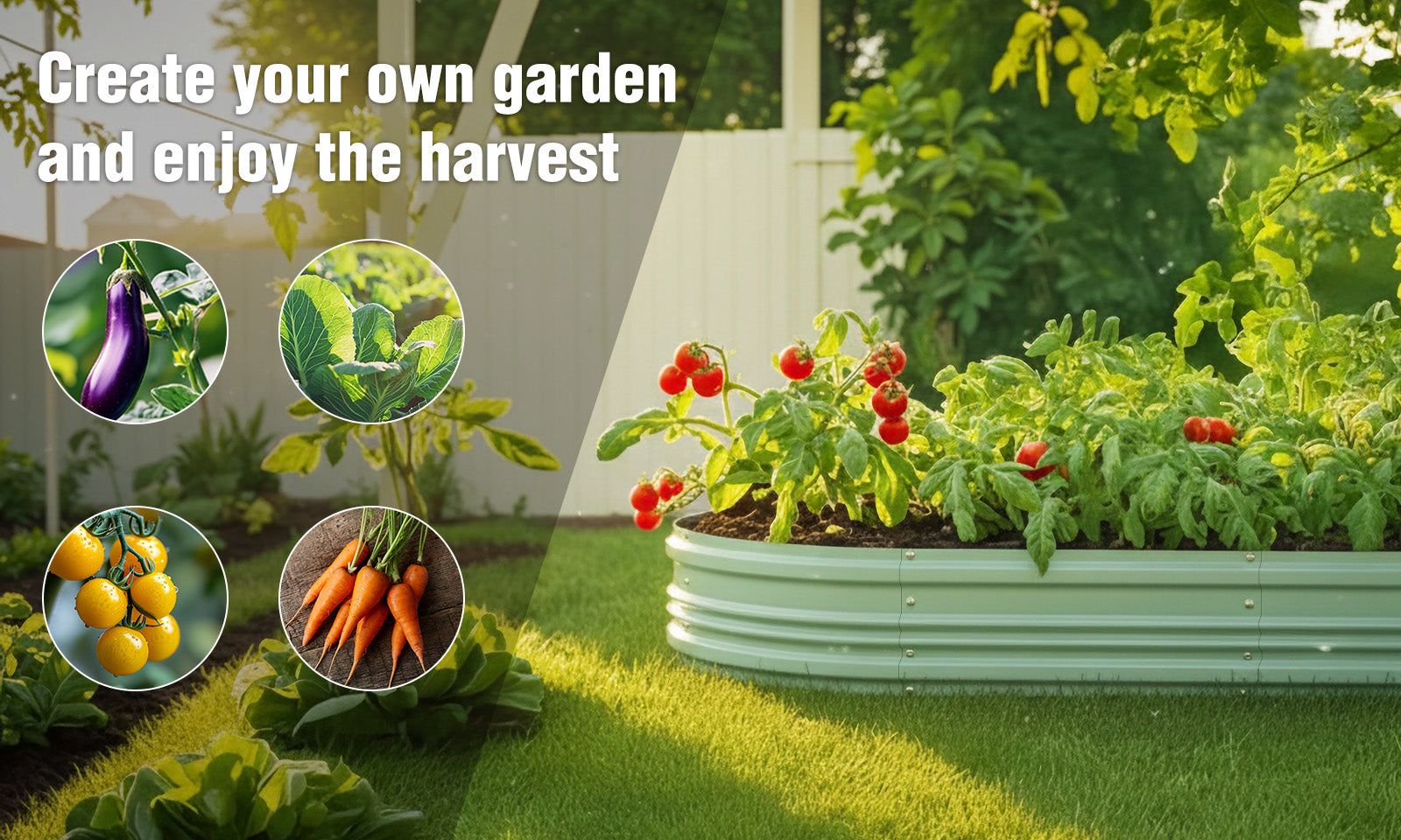 Garden bed with leafy plants and tomatoes, with eggplant, lettuce, carrots, and yellow fruit circles