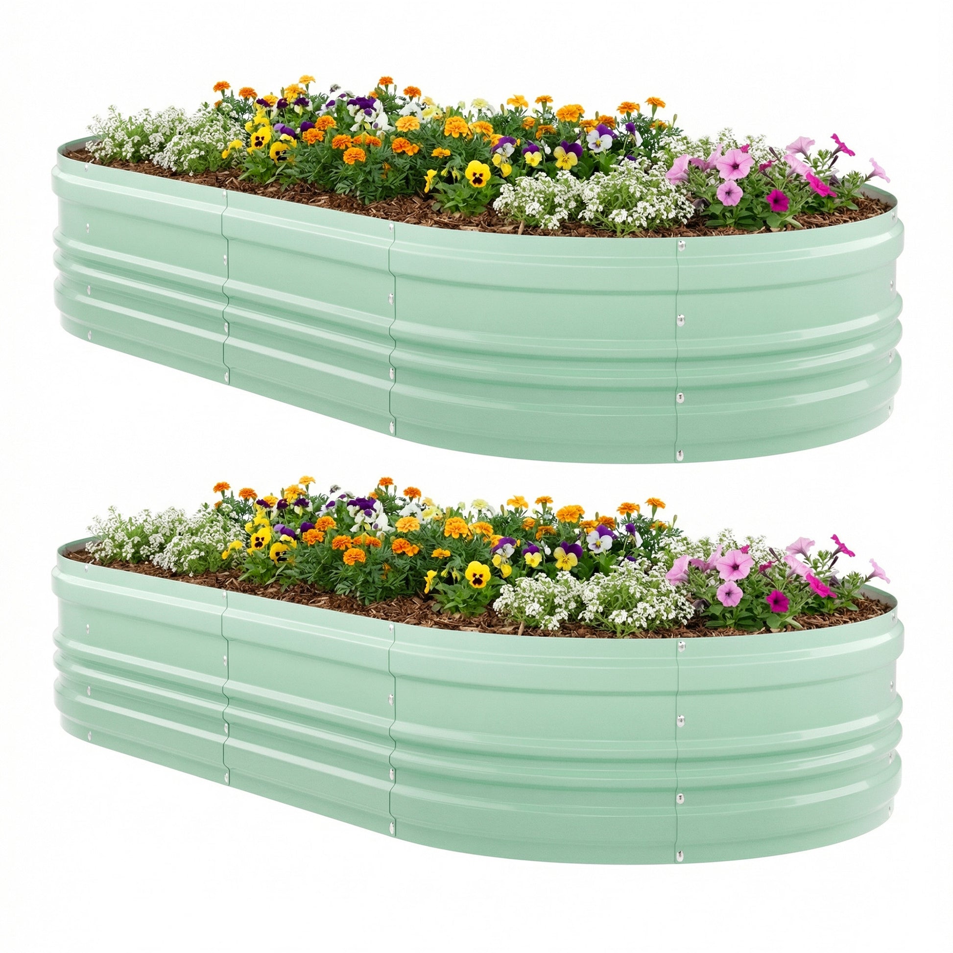 Two mint green raised garden bed planters filled with flowering plants on white background.