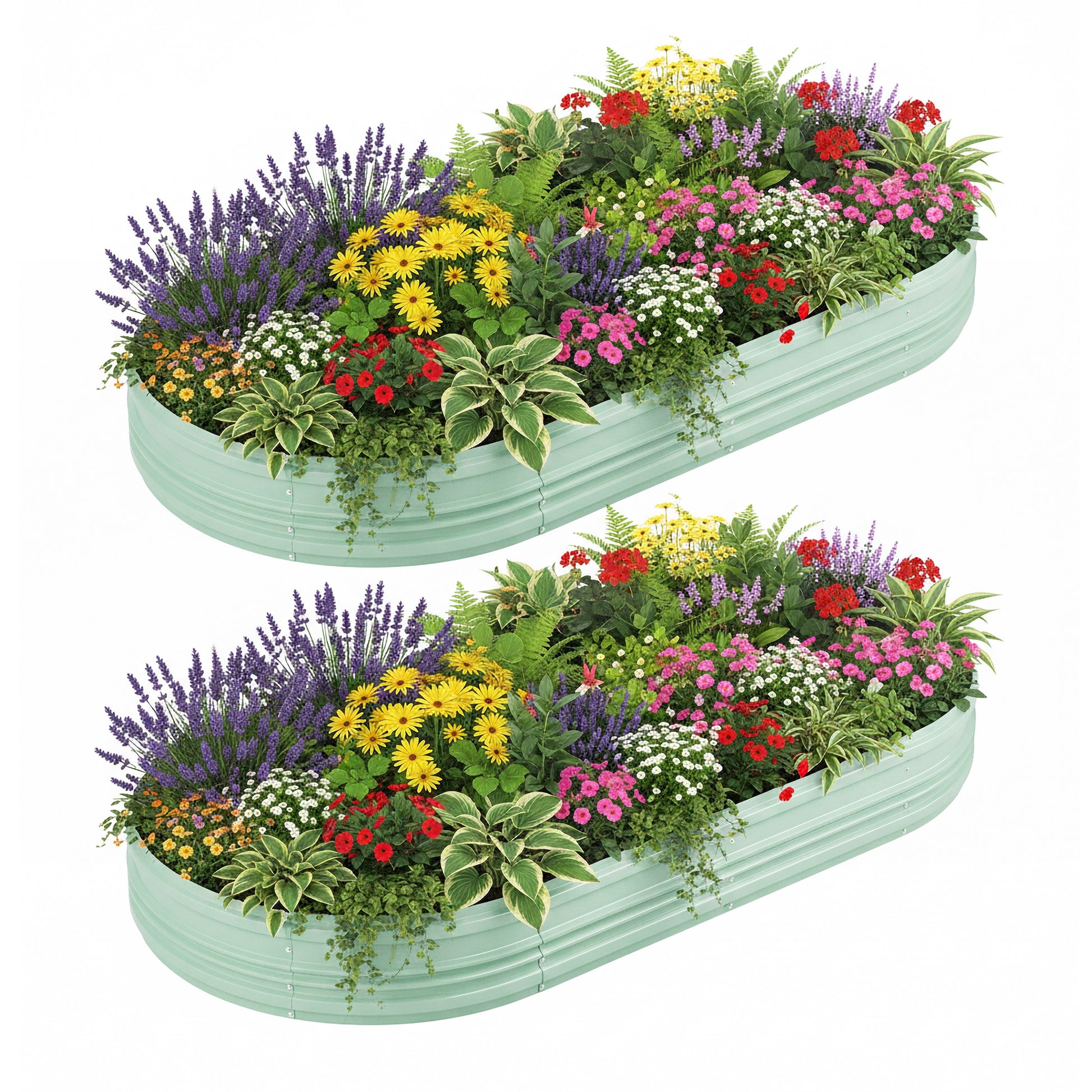 Two mint green raised garden bed planters filled with colorful flowers and herbs.