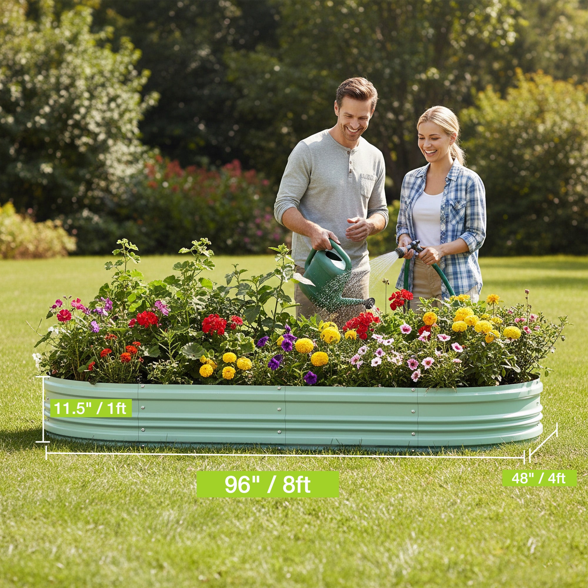 Mint green raised garden bed with flowers being watered in a yard, showing size markers.