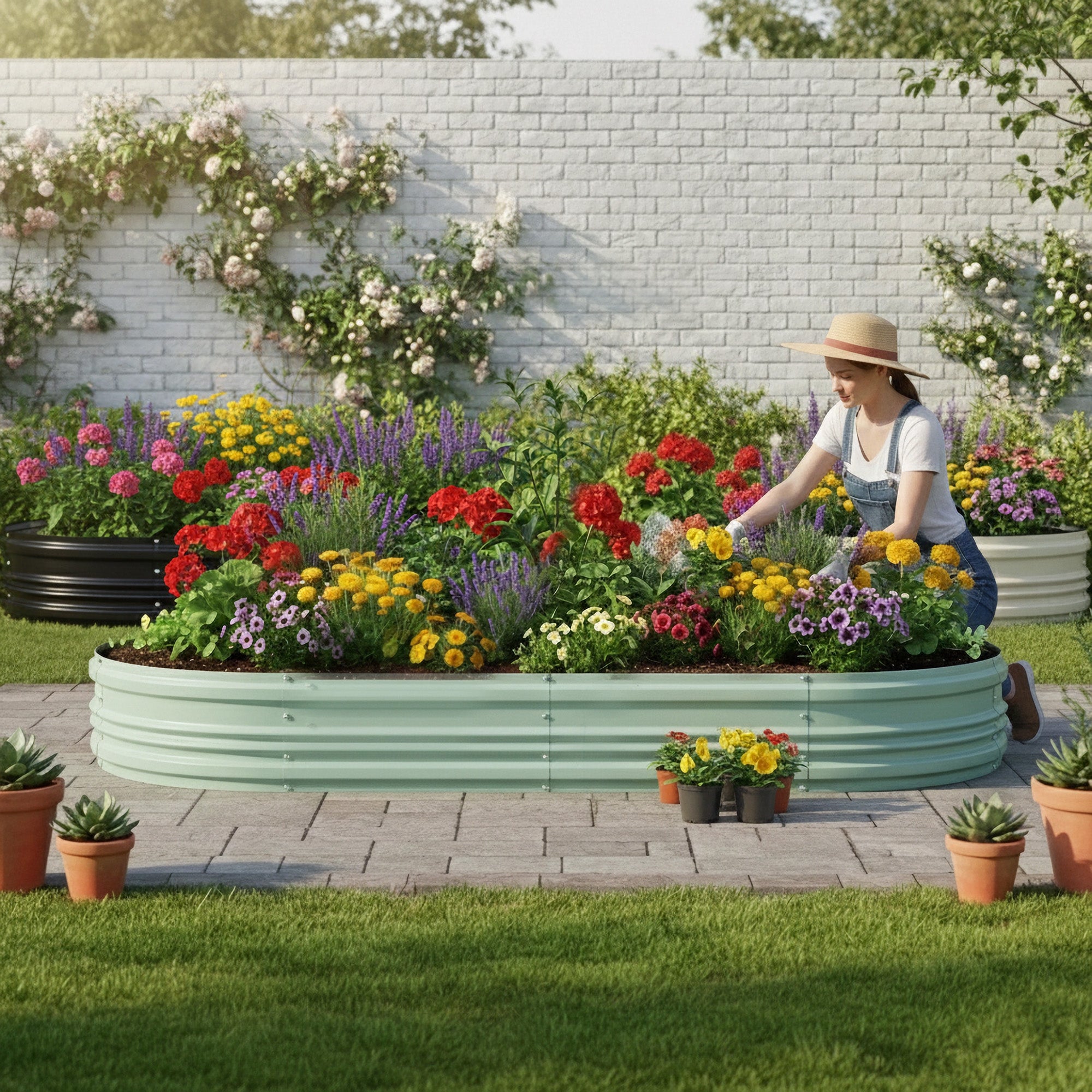 Mint green raised garden bed with blooming flowers along a patio wall.