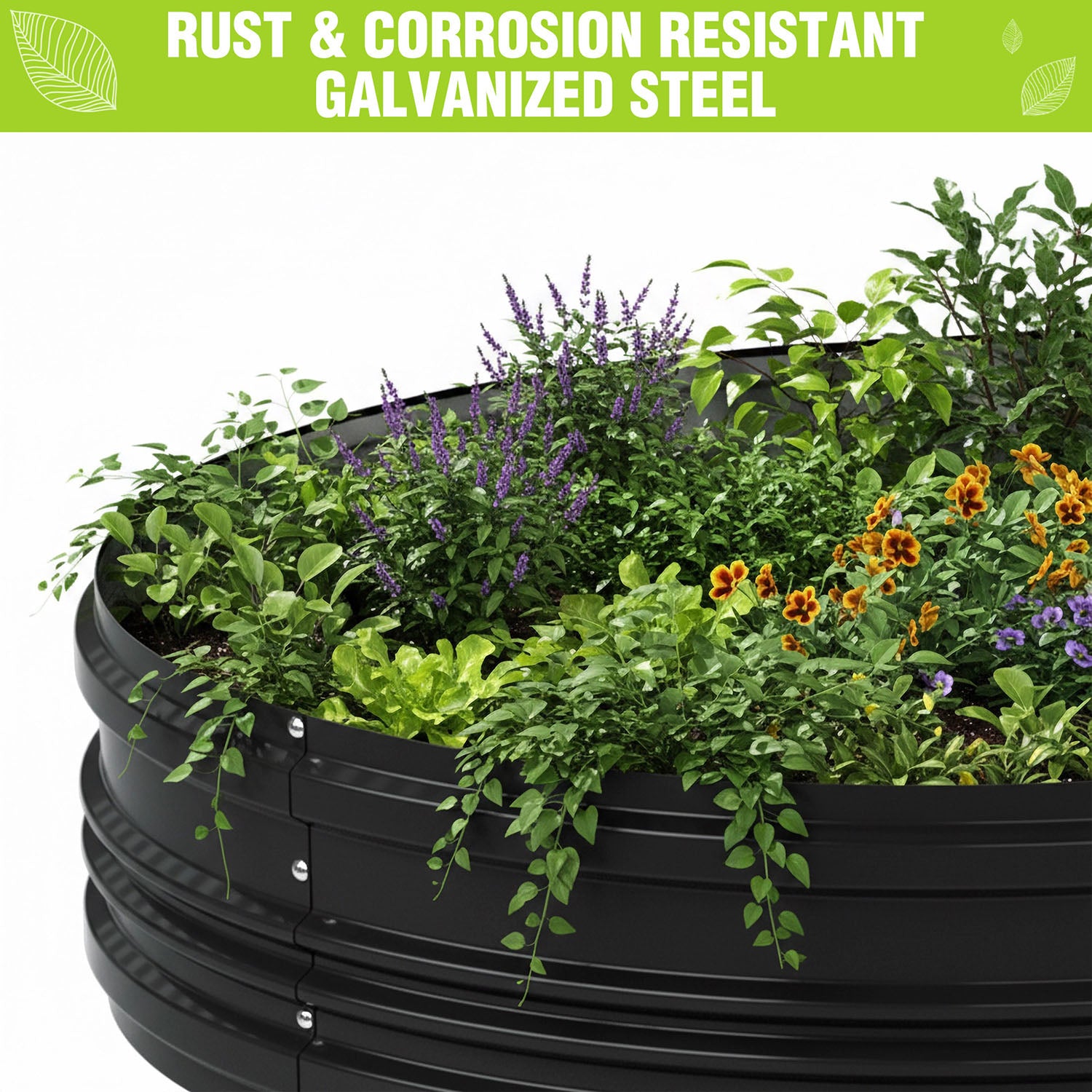 Black raised garden bed planter with leafy plants and blooming flowers