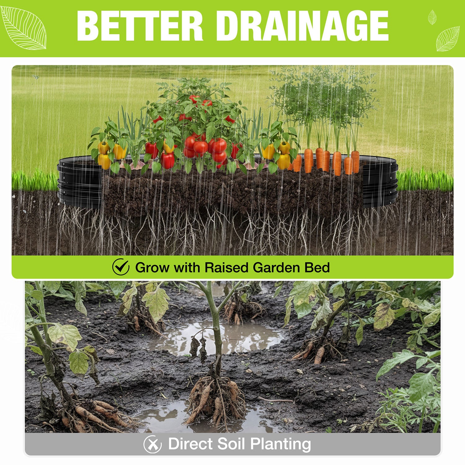 Black raised garden bed planter with soil fill and drainage opening