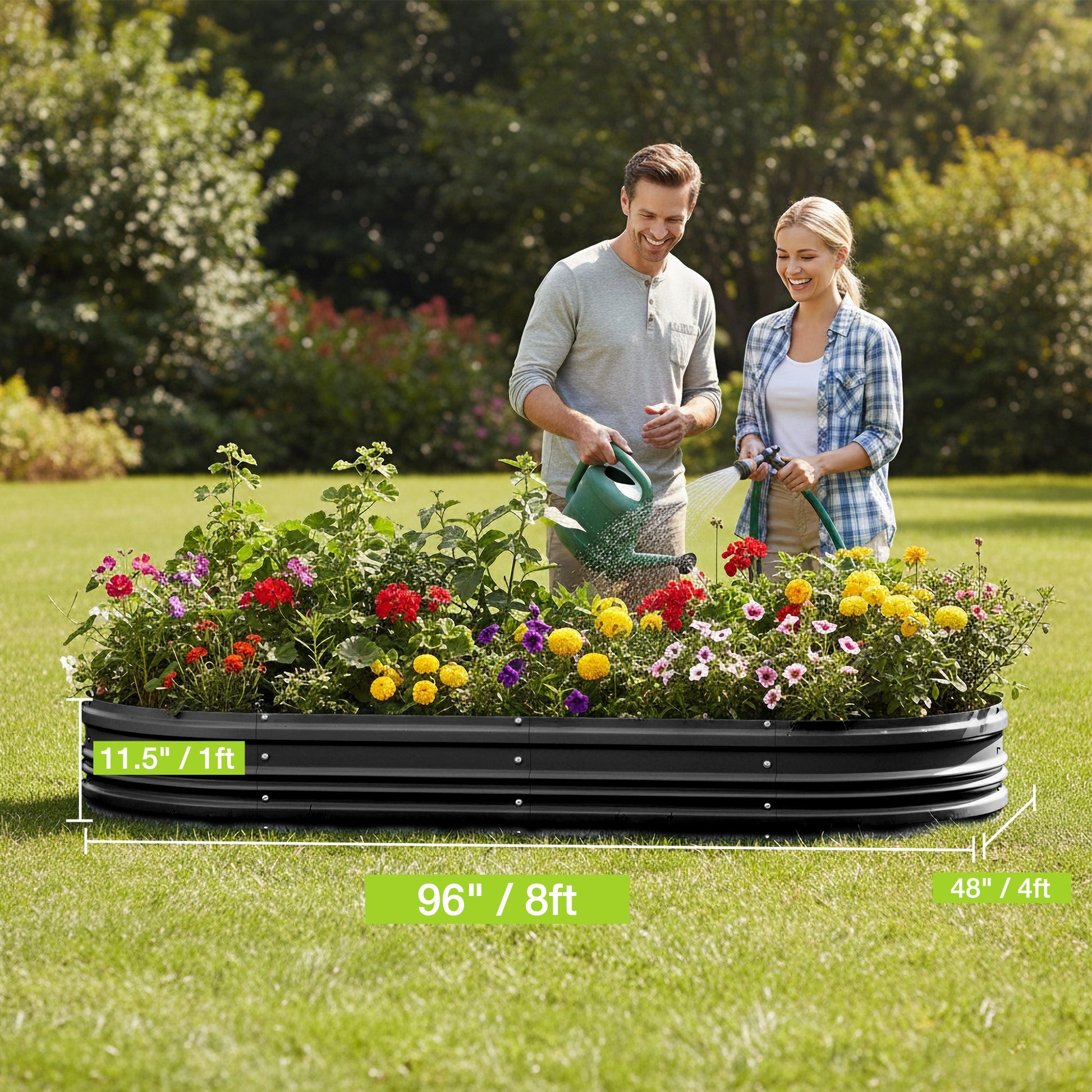 Black raised garden bed kit, low oval planters with flowers and two people watering