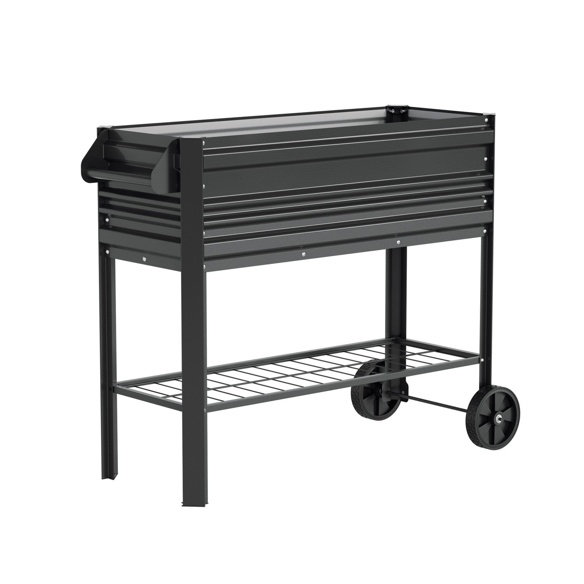 Black raised garden bed with slatted sides, bottom shelf, and four caster wheels