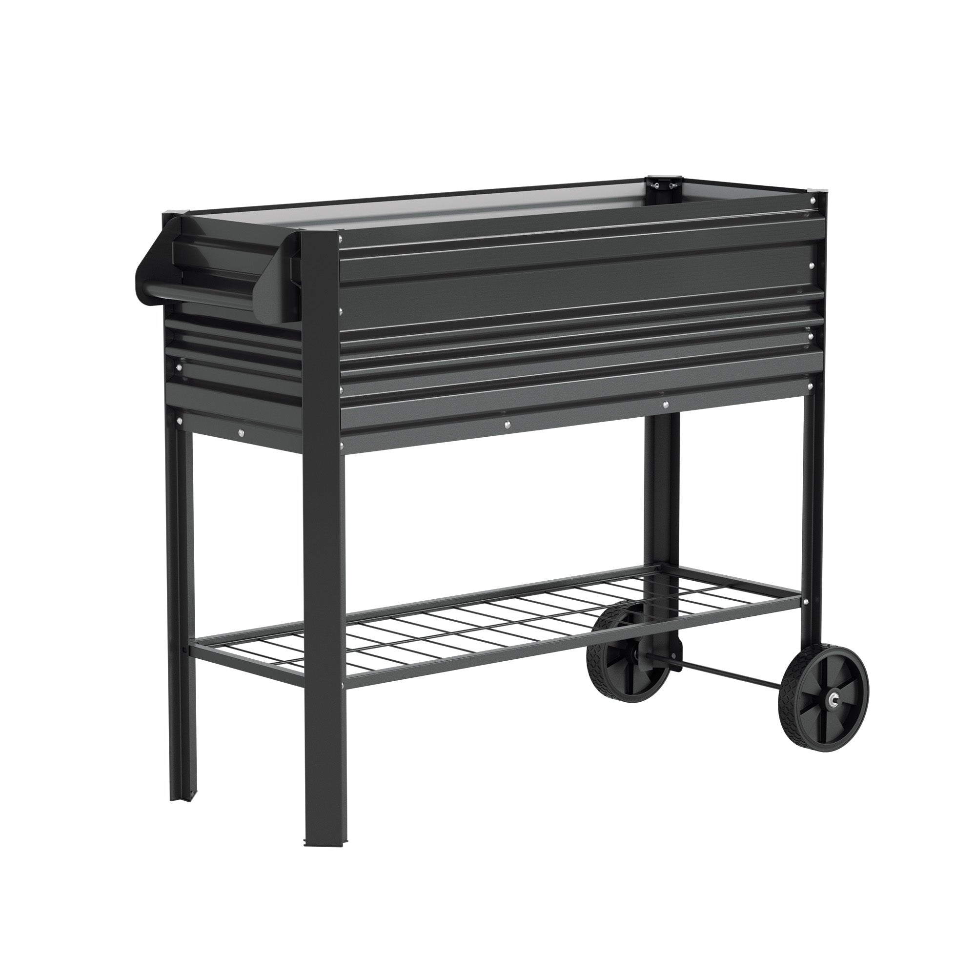 Black raised garden bed with slatted sides, bottom shelf, and four caster wheels