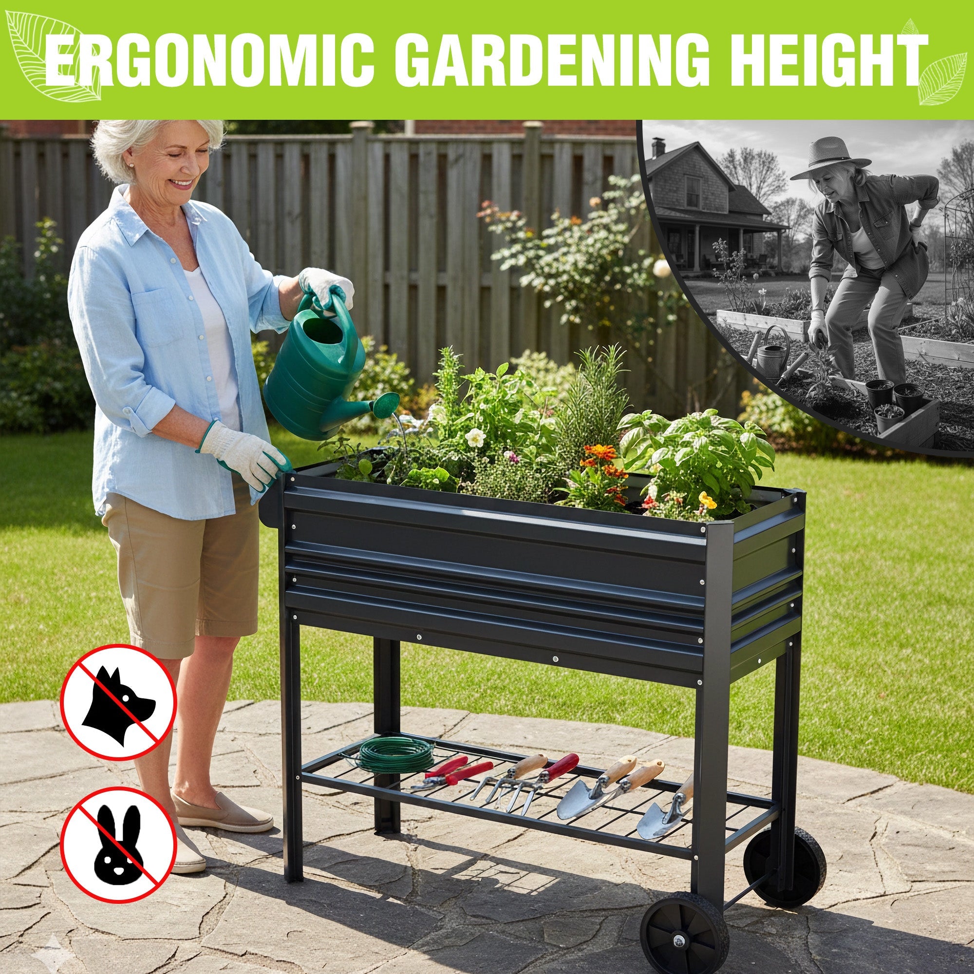 Black raised garden bed with bottom shelf and wheels, filled with potted plants