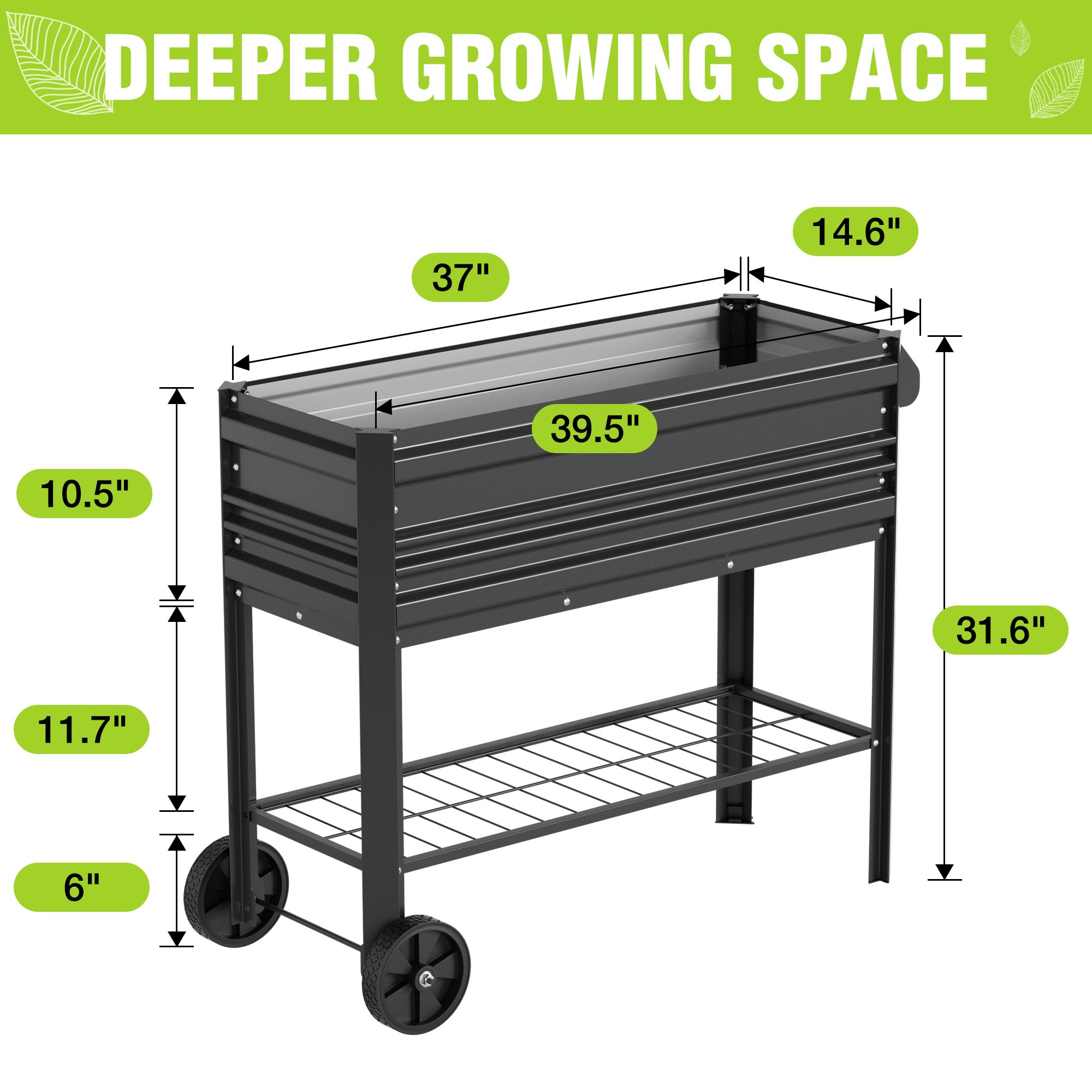 Black raised garden bed with legs and wheels, built-in bottom shelf