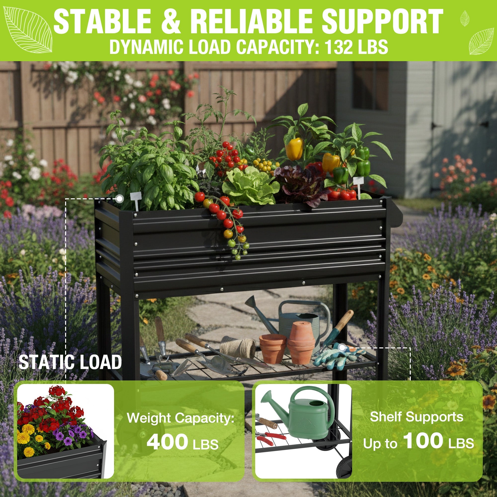 Black raised garden bed with slatted sides, filled with herbs and flowers