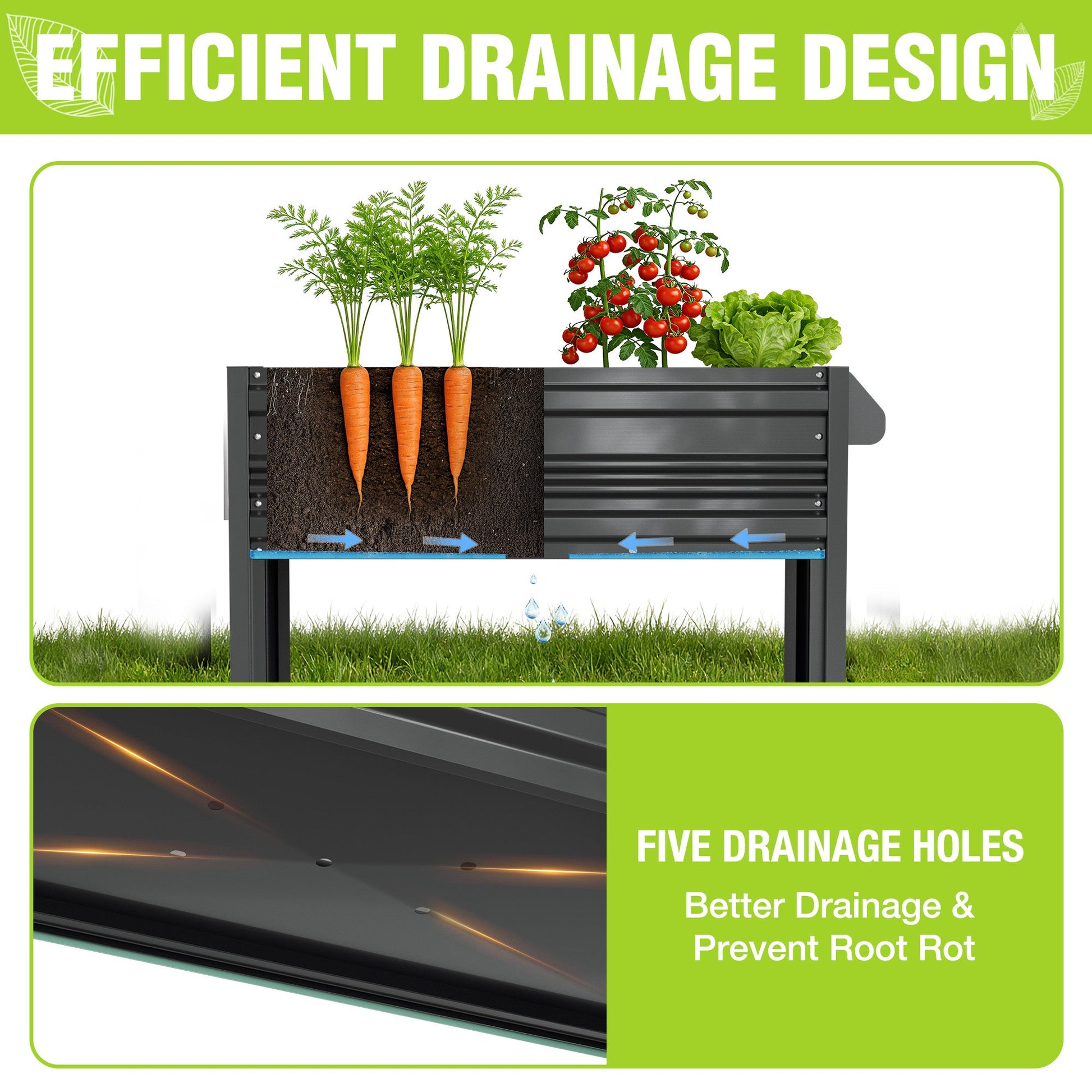 Black raised garden bed with drainage holes in the base and lower shelf