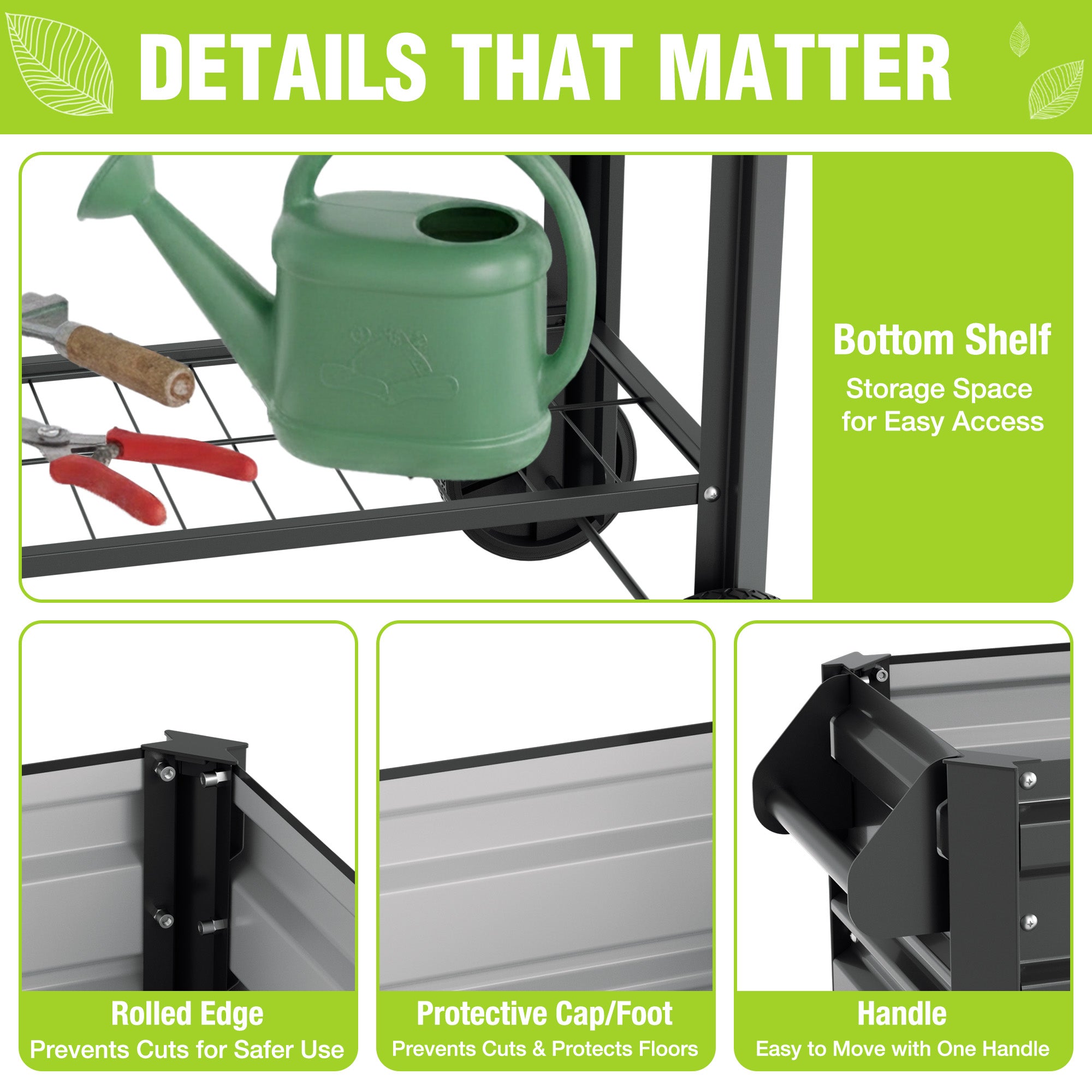 Black raised garden bed details: bottom shelf, protective cap-foots, carry handle