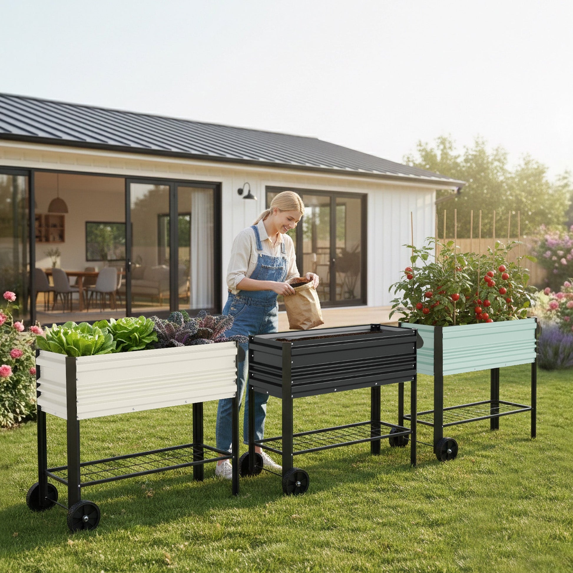 Black raised garden bed with wheels, slatted frame and open planter
