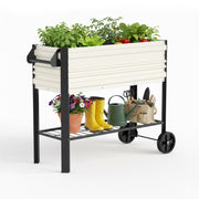 White galvanized raised garden bed with legs and wheels, open front and bottom shelf.