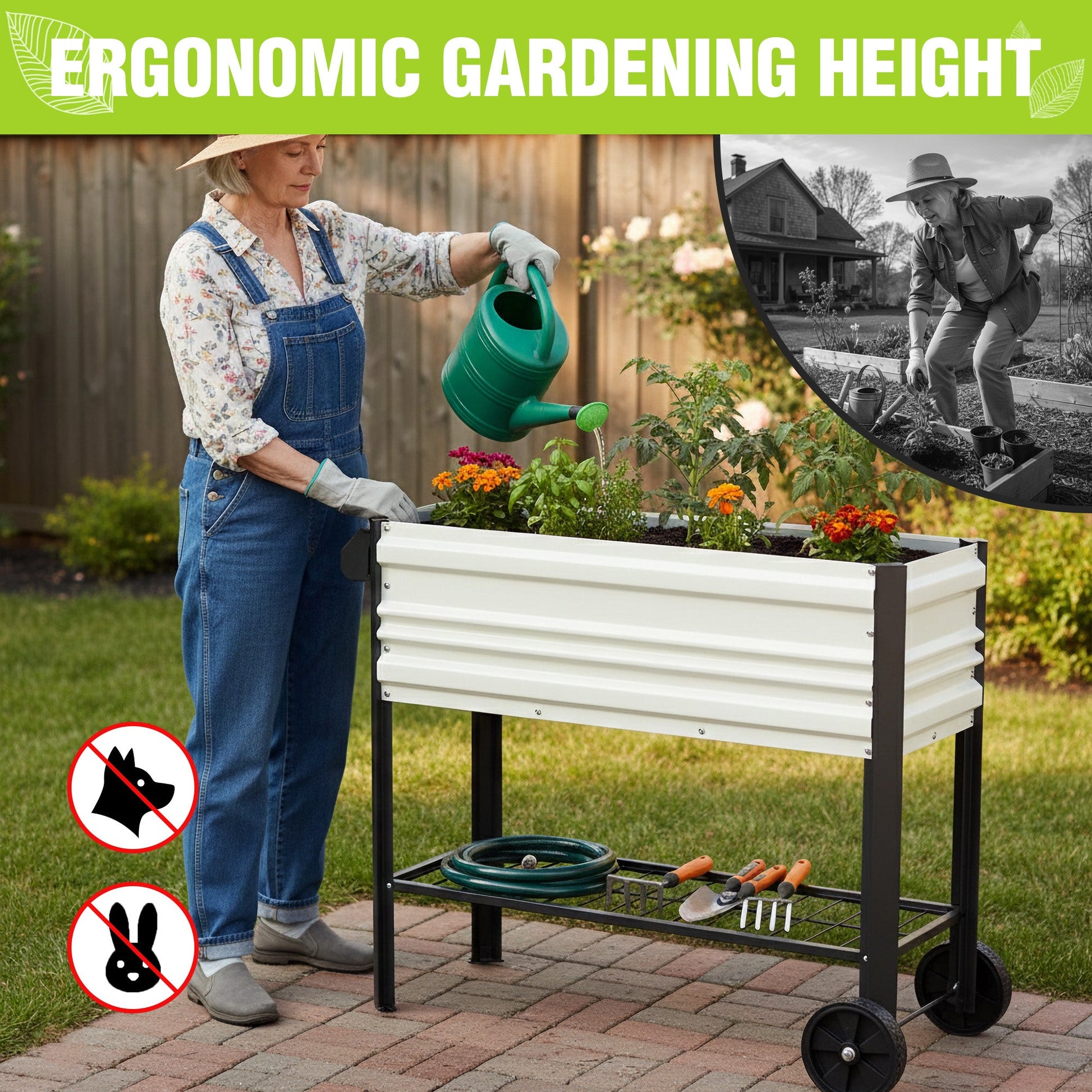 White raised garden bed with black legs and wheels, two shelves, gardener watering plants.