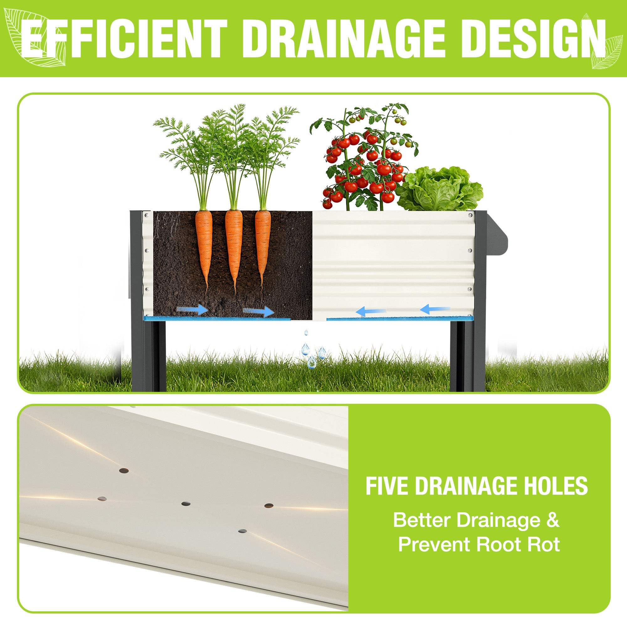 Raised garden bed cross-section showing five drainage holes beneath soil.