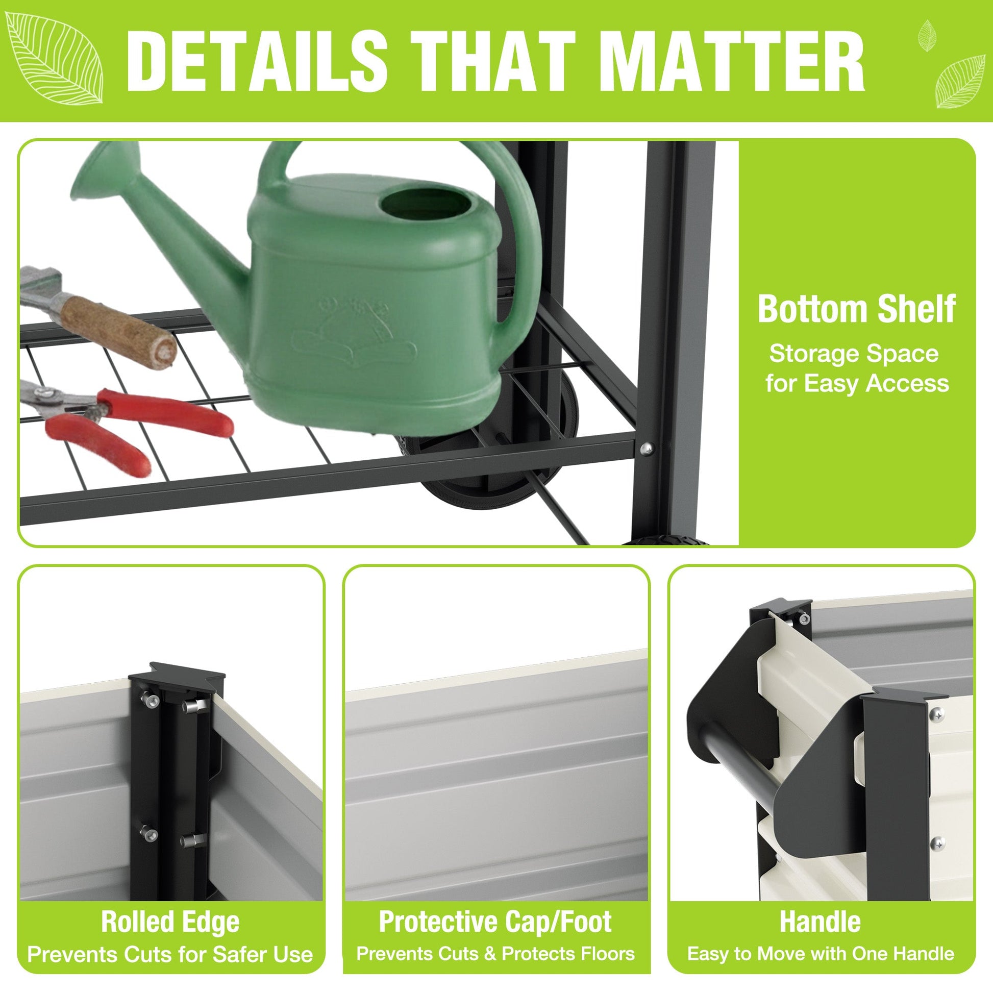 Raised garden bed corner details: rolled edge rim, protective cap-foot, and handle.
