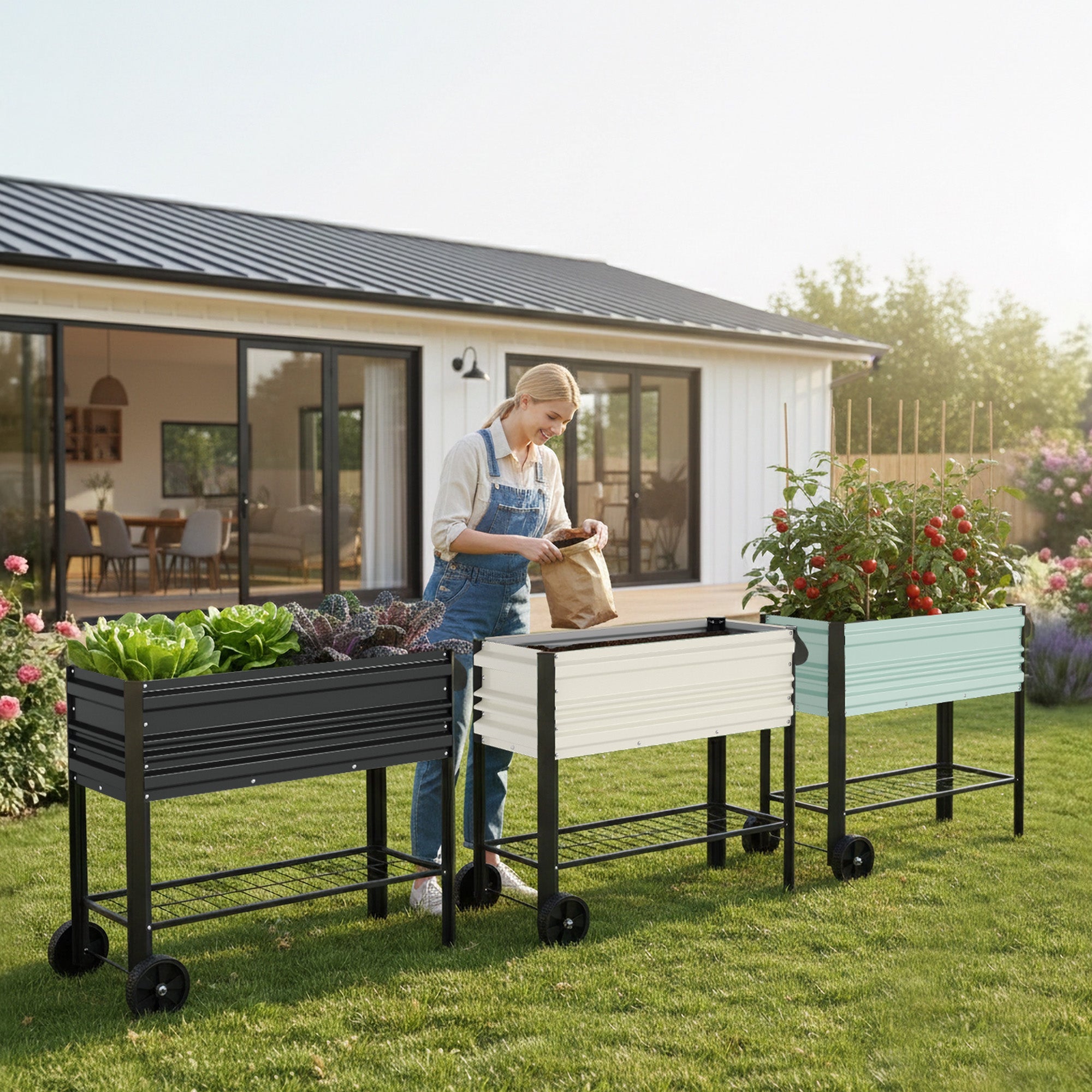 White raised garden bed with wheels, side view in yard near house building.