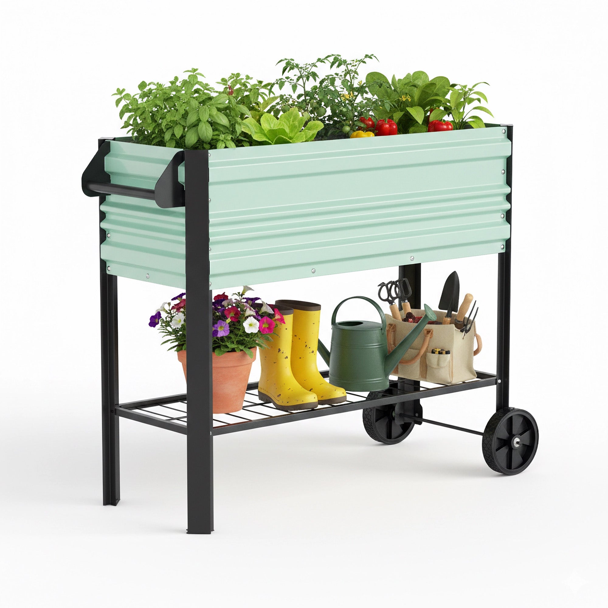 Green raised garden bed with wheeled legs and lower shelf, filled with plants and tools