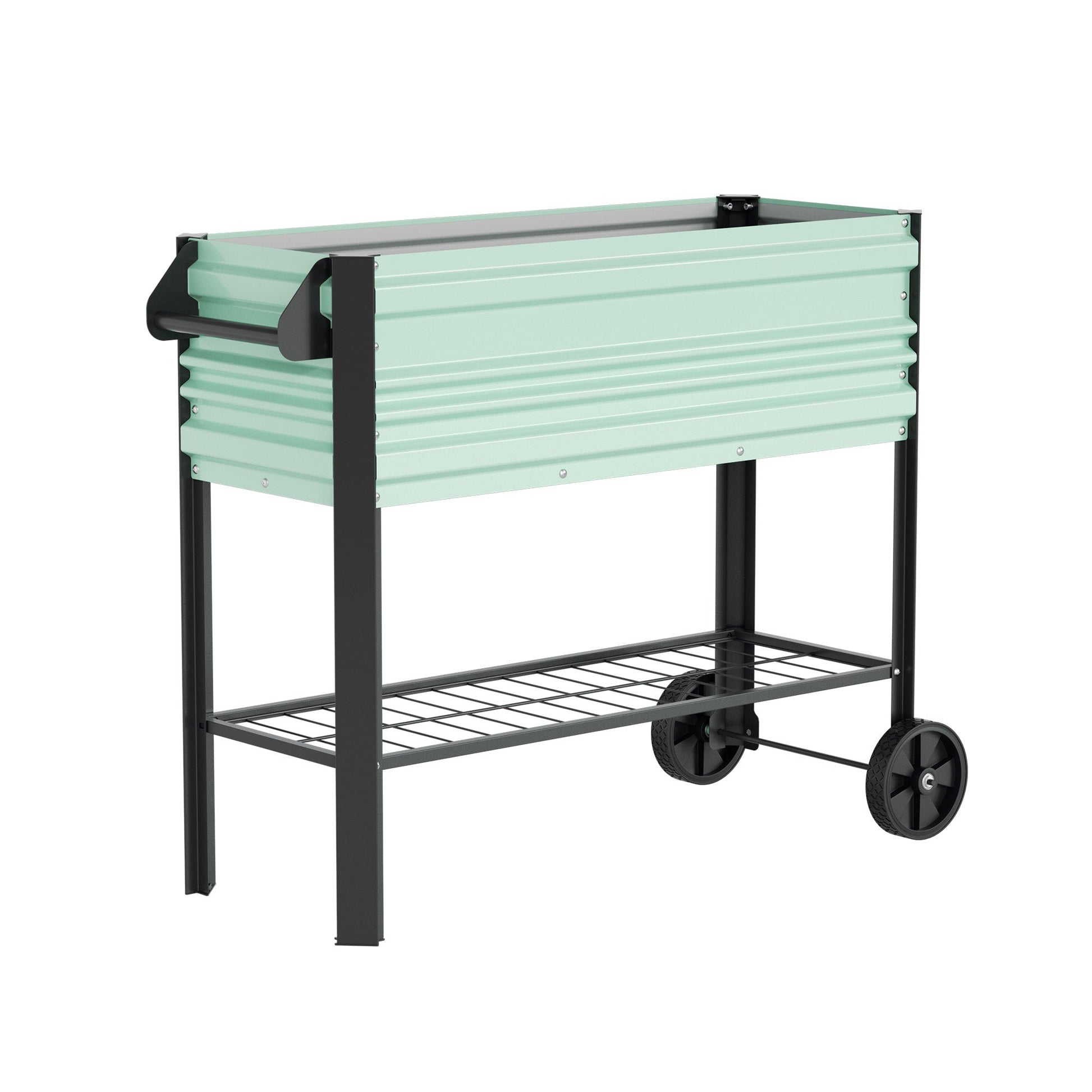 Green raised garden bed with legs and wheels, side view with lower storage shelf