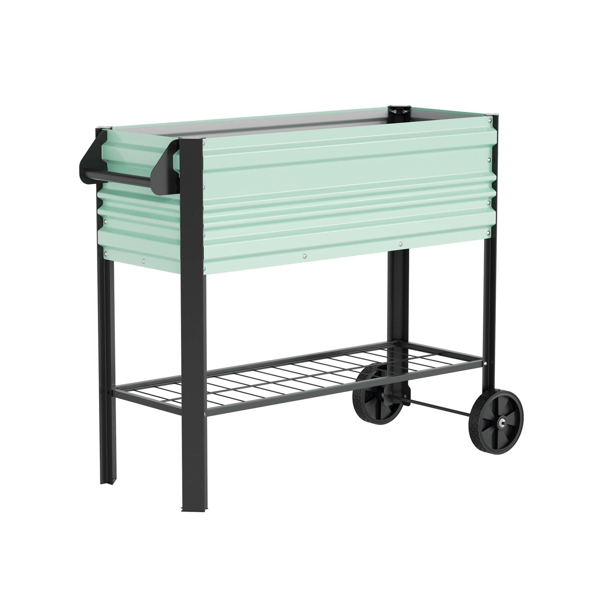 Green raised garden bed with legs and wheels, side view with lower storage shelf