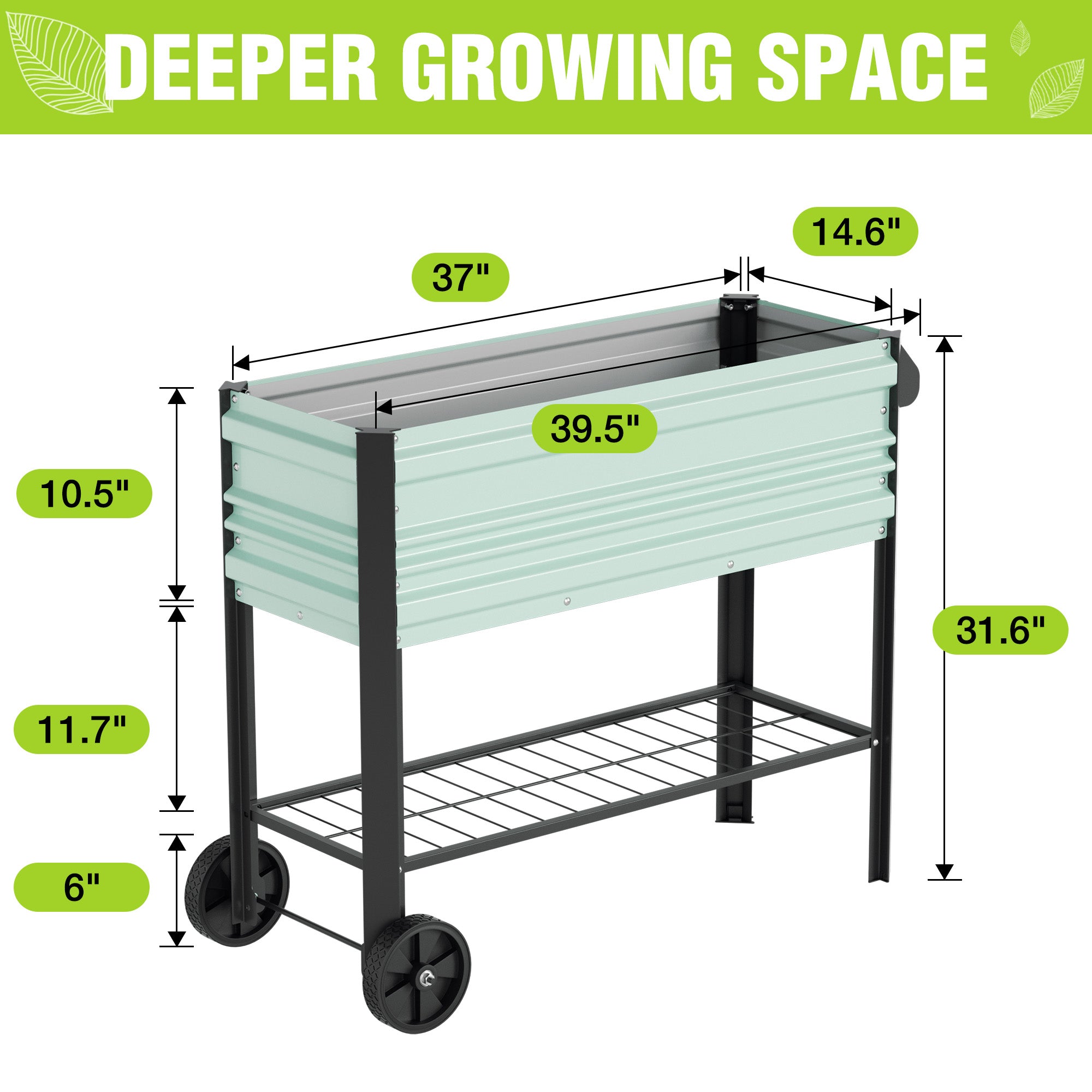 Green raised garden bed with legs and wheels, lower shelf and front panel design