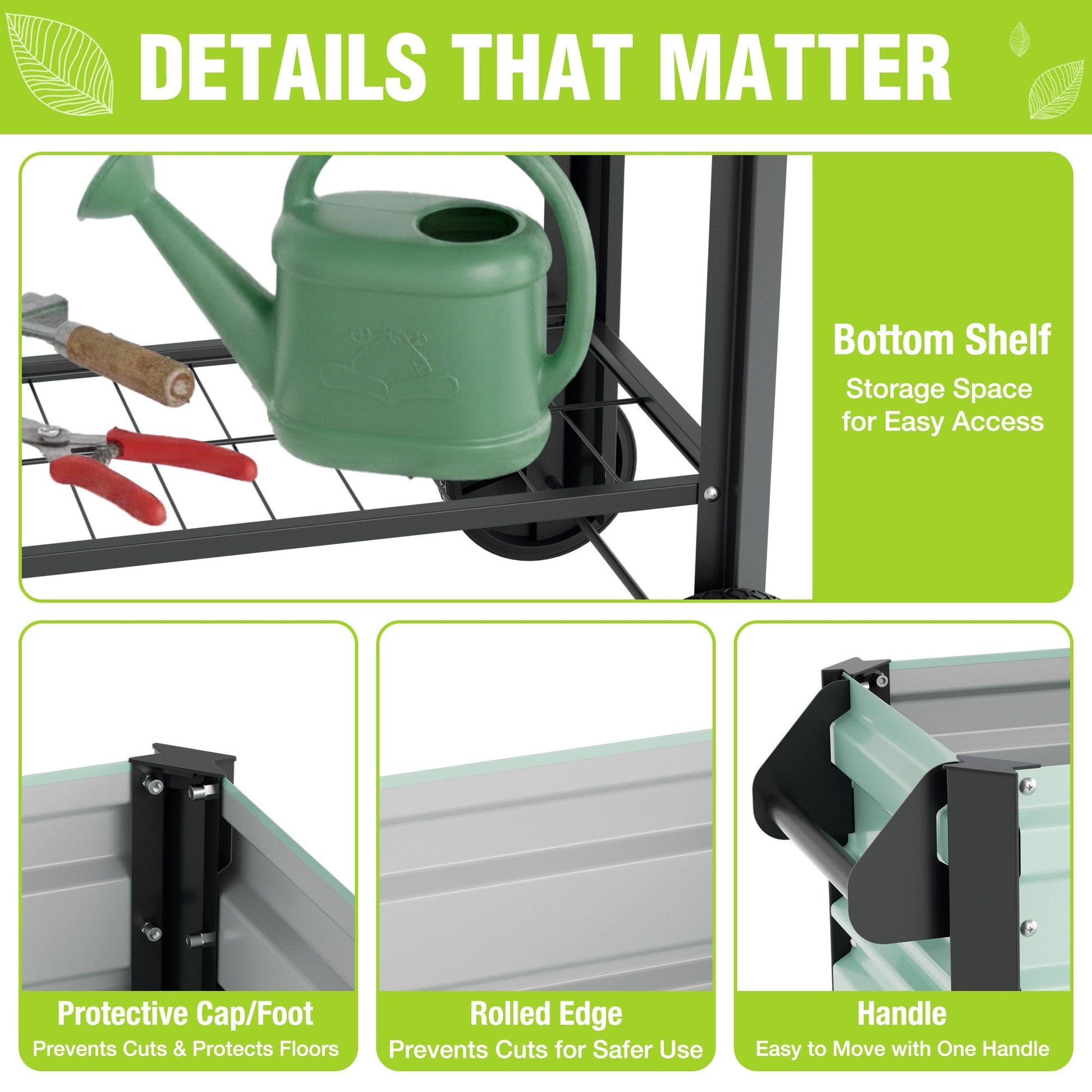 Raised garden bed detail showing handle, protective cap/foot, and bottom shelf storage