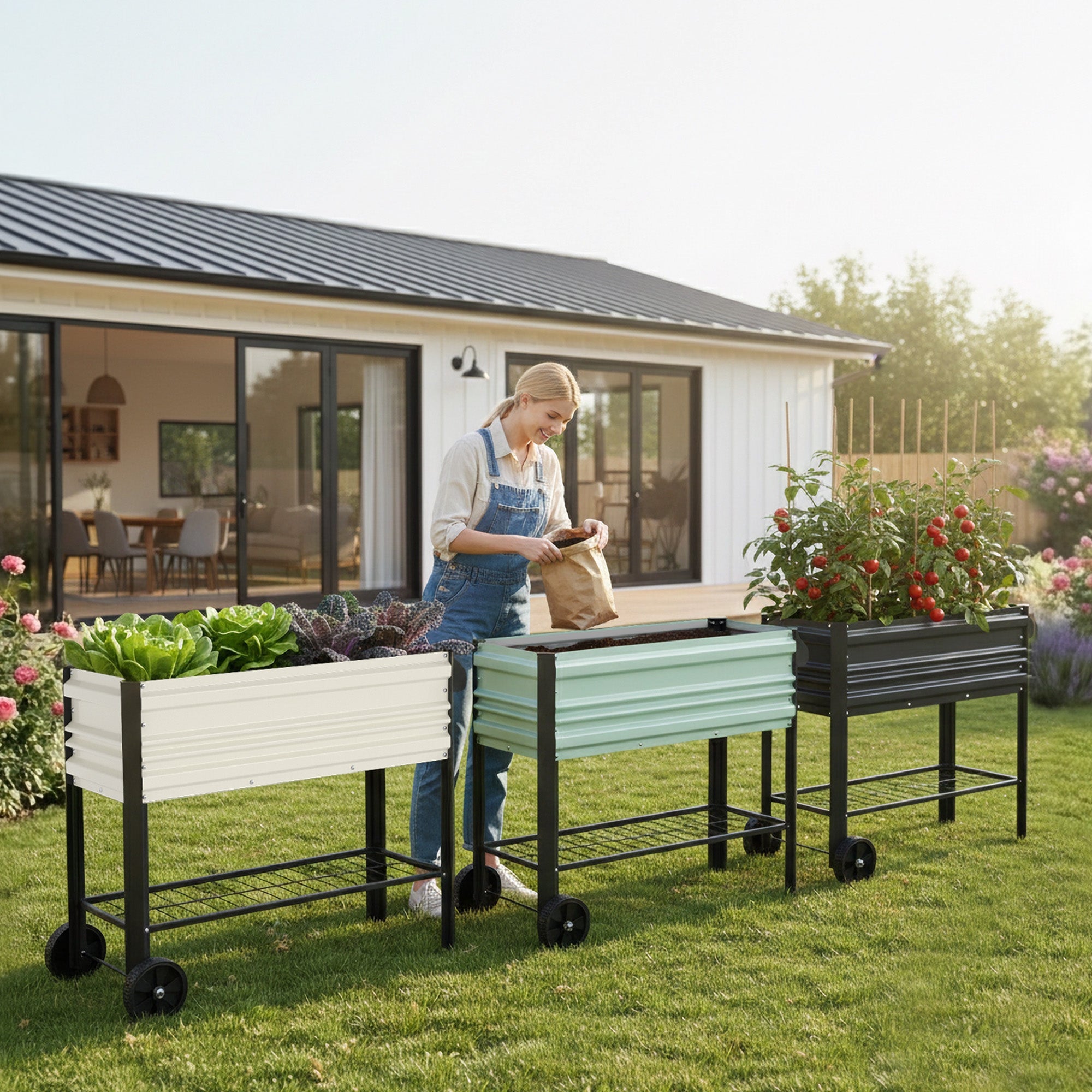 Green raised garden bed with wheeled legs and lower shelf in a backyard garden area