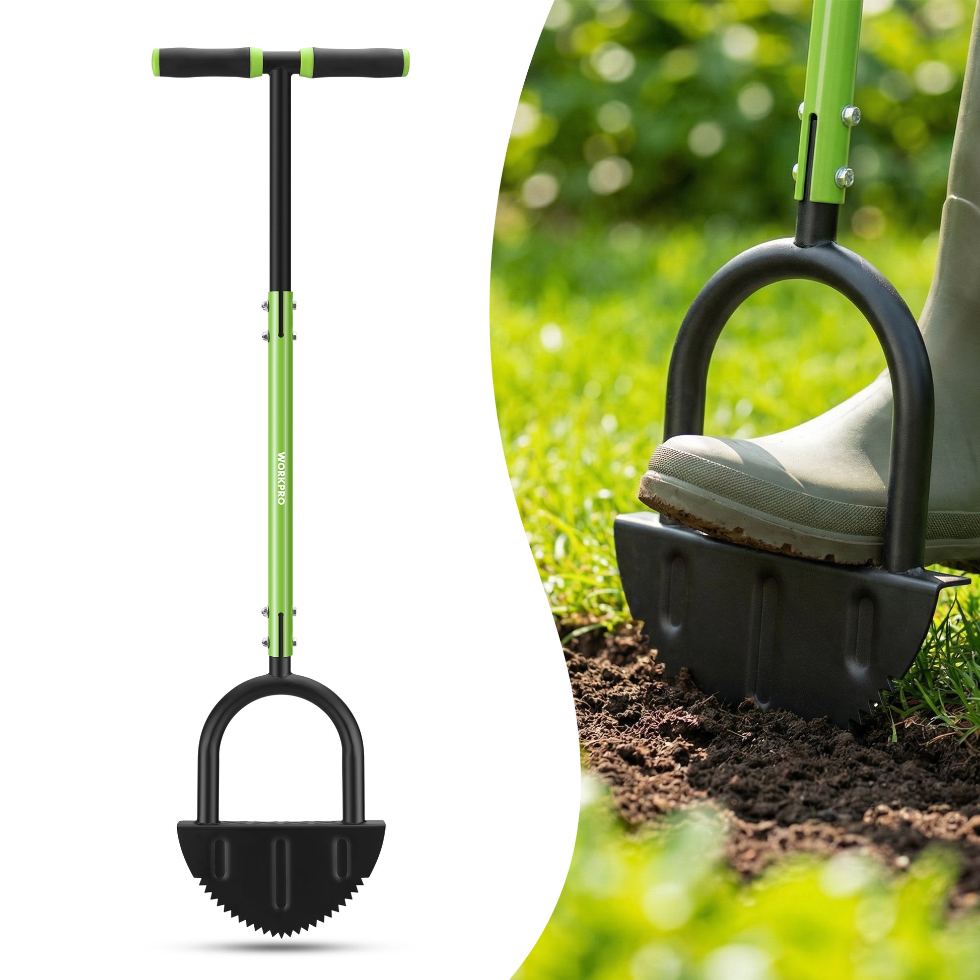 WORKPRO 40 inch manual lawn edger tool in green and black with innovation, quality, secure, durable, convenient