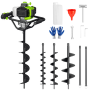 Gas earth auger system with green-and-black powerhead and spiral auger bit set
