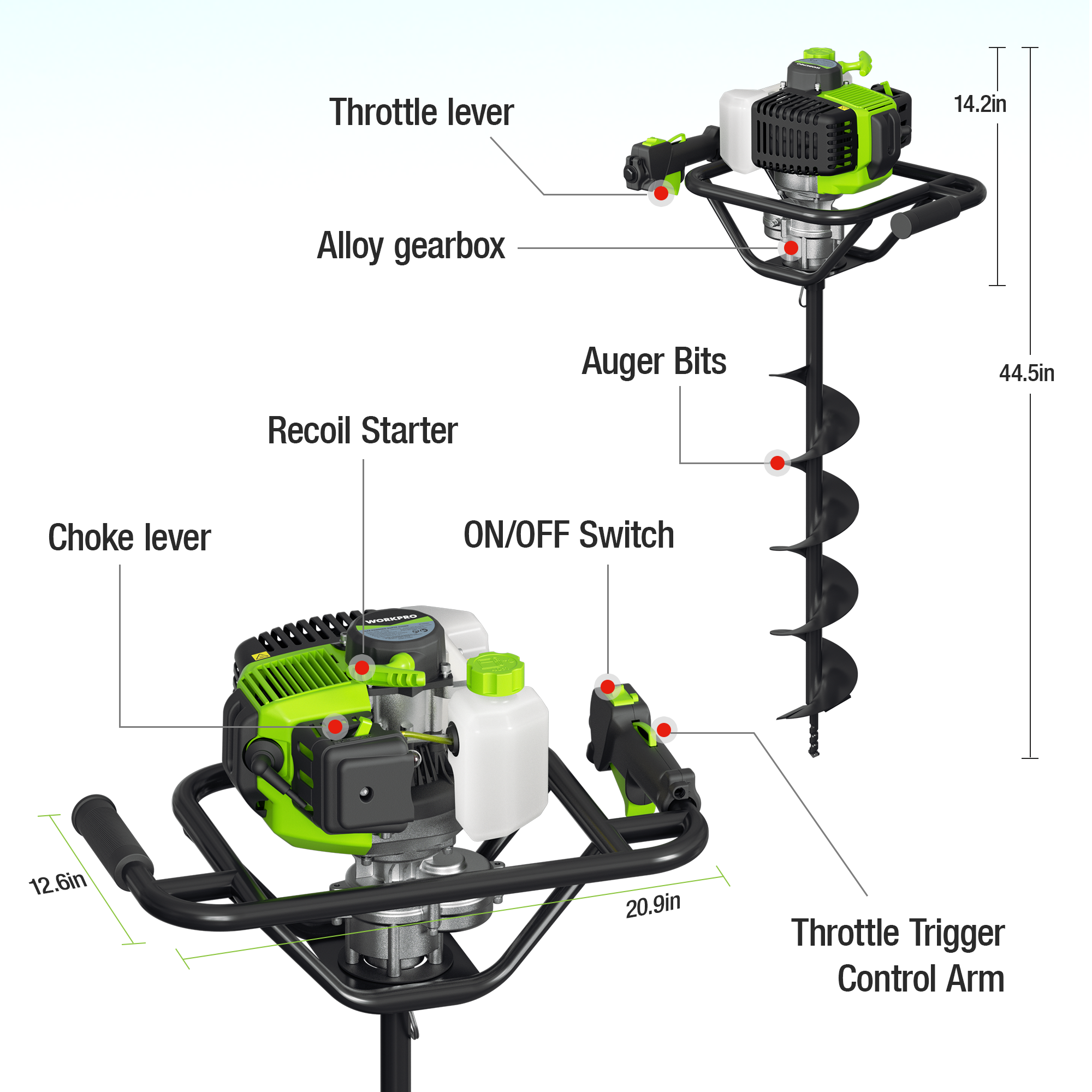 Gas earth auger powerhead with control arms, recoil starter and spiral auger bit